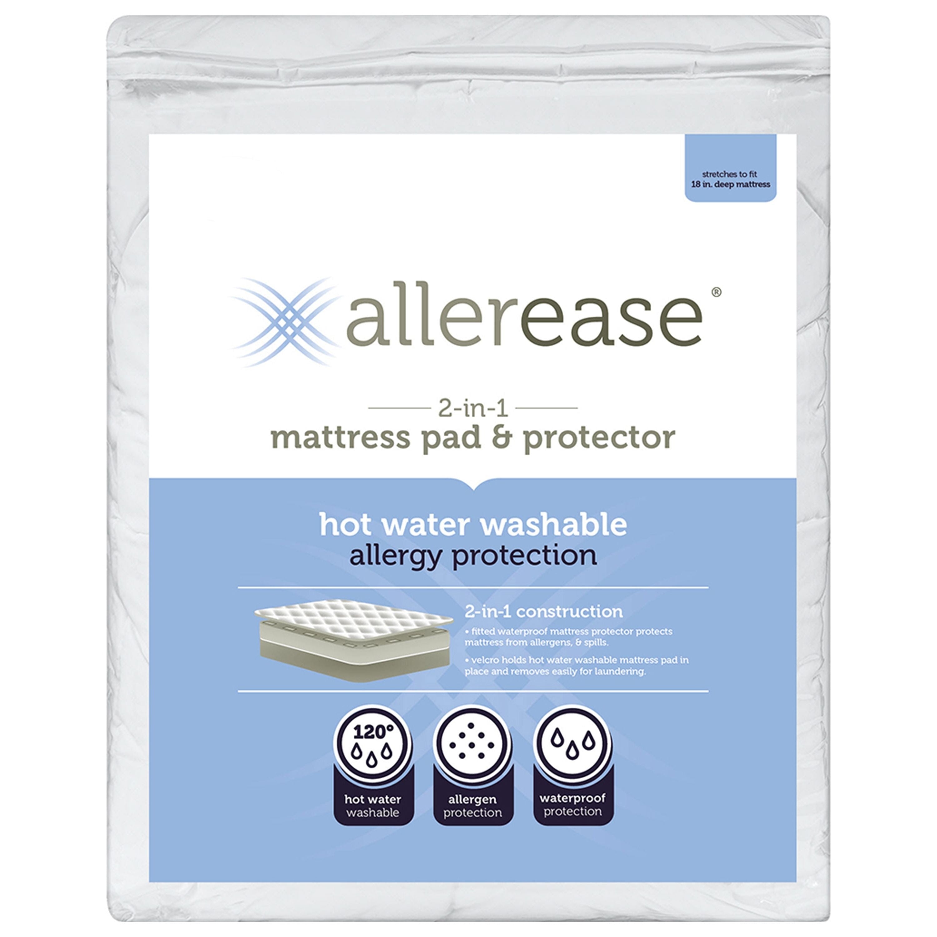 Allerease 2 In 1 Mattress Pad Protector Hot Water Washable White