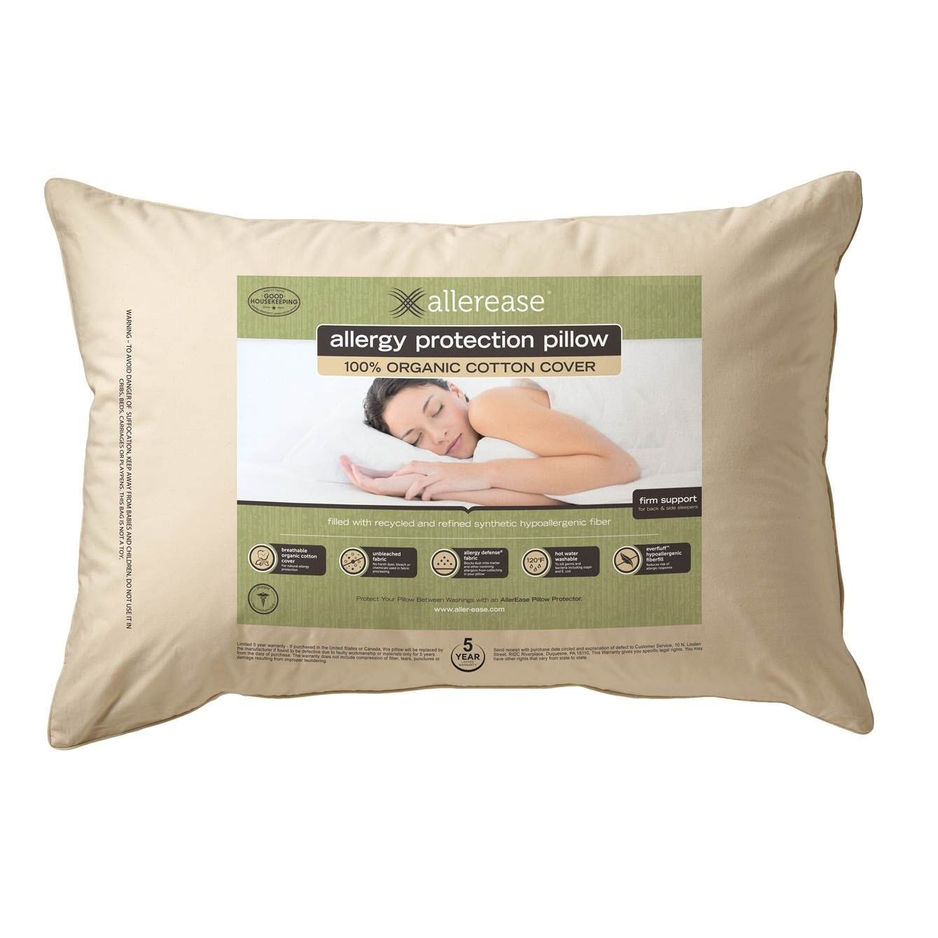 Allerease Organic Cotton Top Allergy Protection Pillow White
