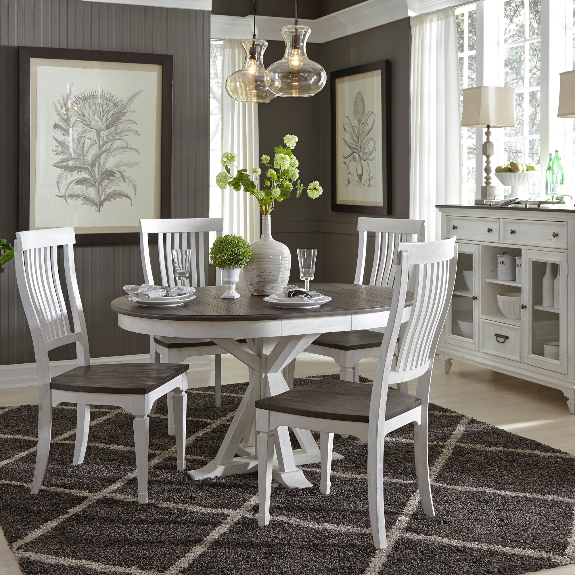 Allyson Park Wirebrushed White Charcoal 5 Piece Pedestal Table Set