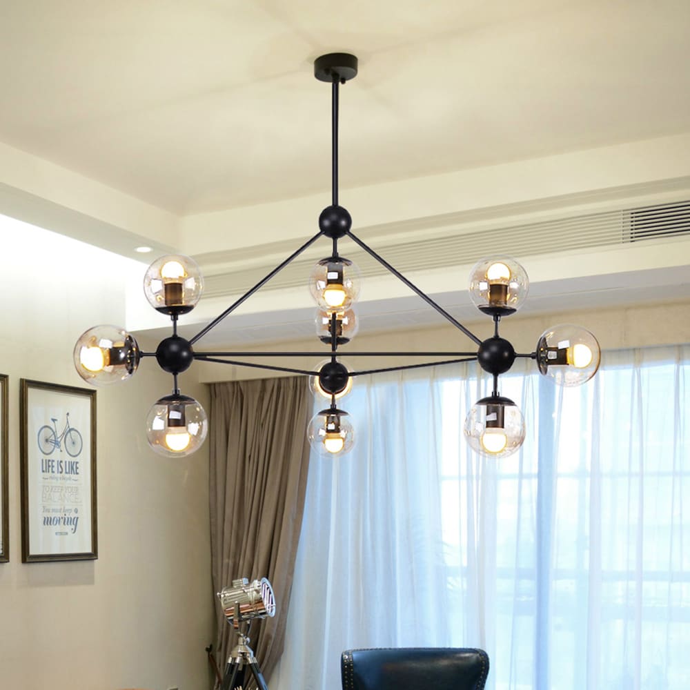 Warehouse Of Tiffany Almiana Black Metal Glass Shades 10 Light 3 Point Cluster Pendant