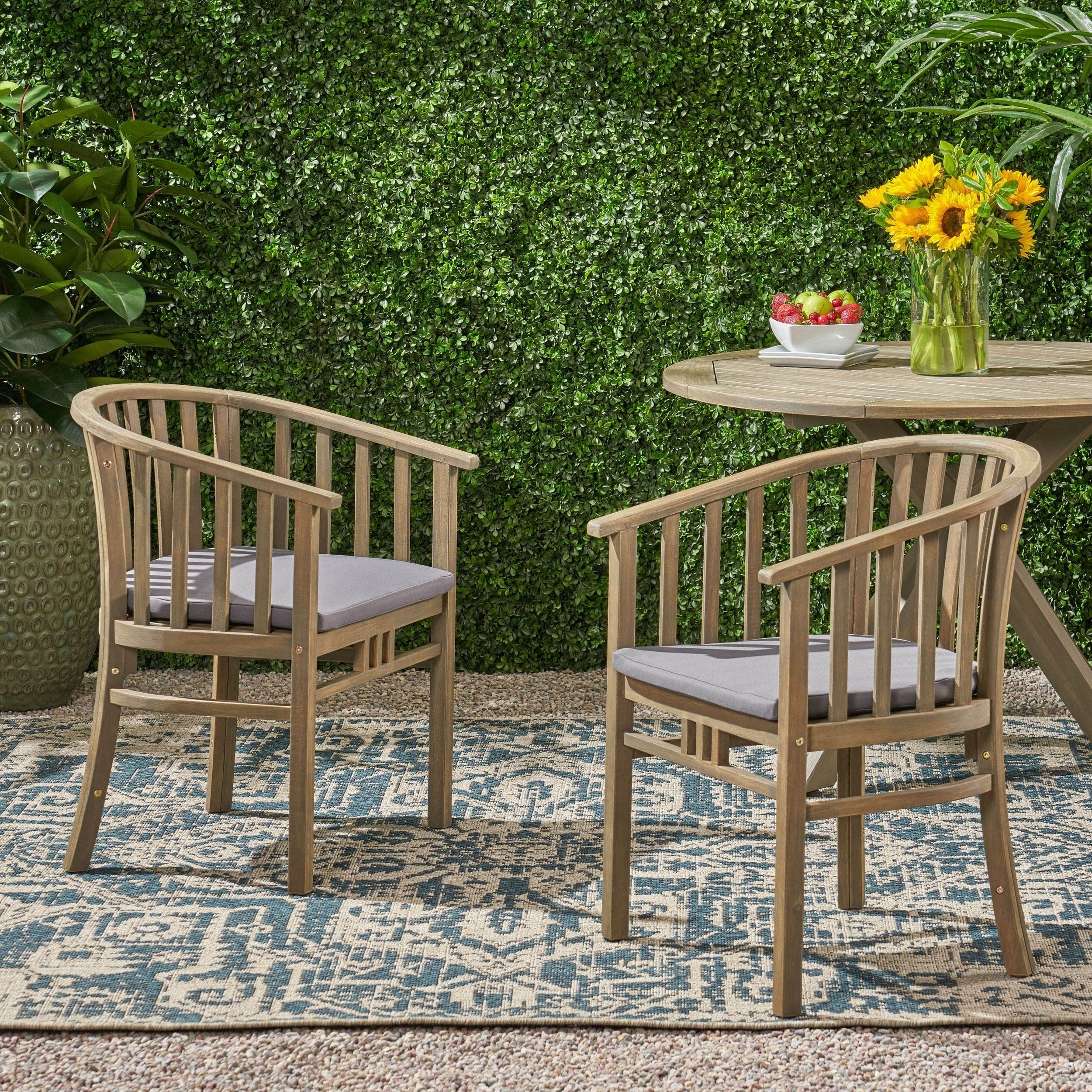 Christopher Knight Home Alondra Grey Brown Wooden Outdoor Dining Chairs With Cushions Set Of 2