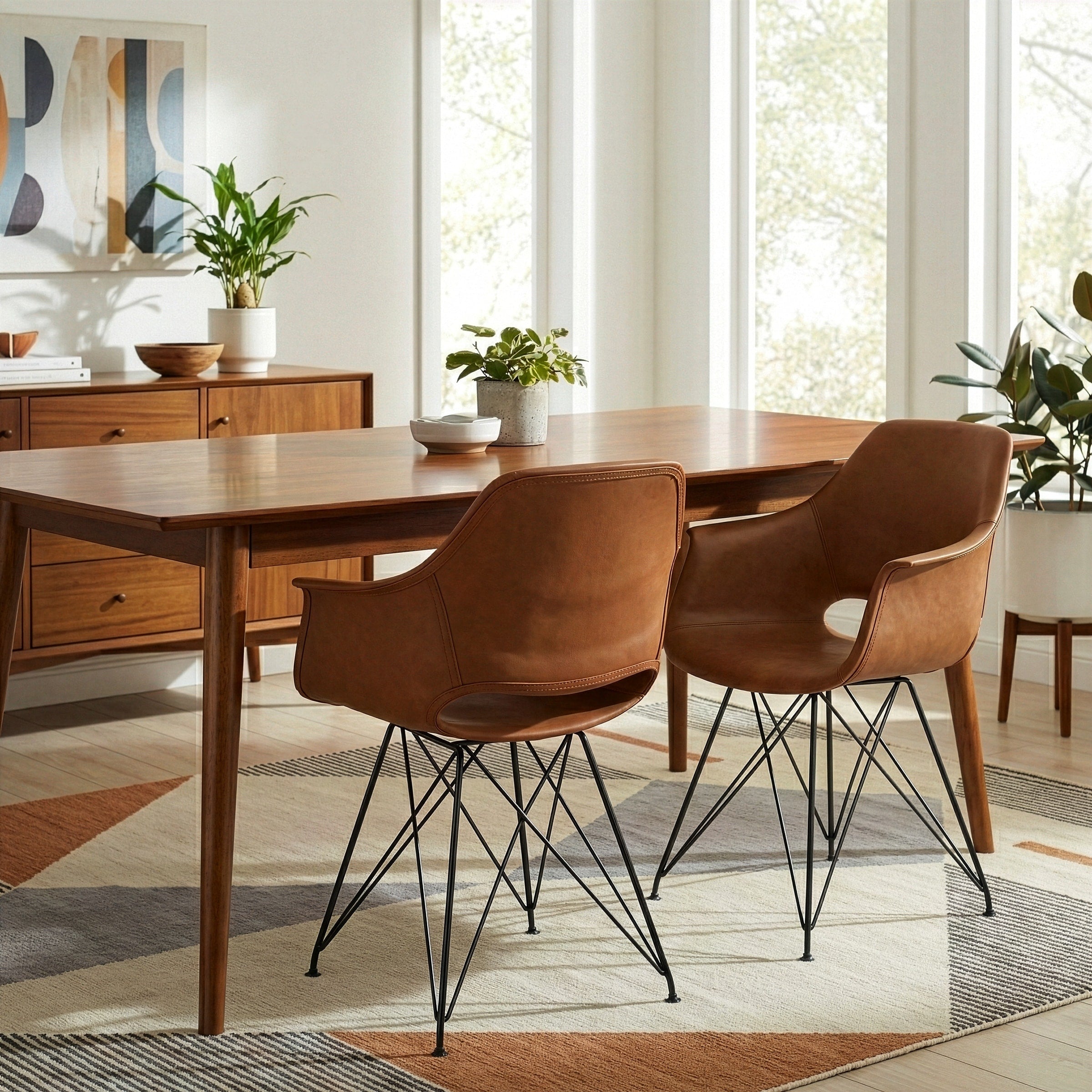 Set Of 2 Alora Retro Modern Caramel Brown Arm Chair Black Steel Legs