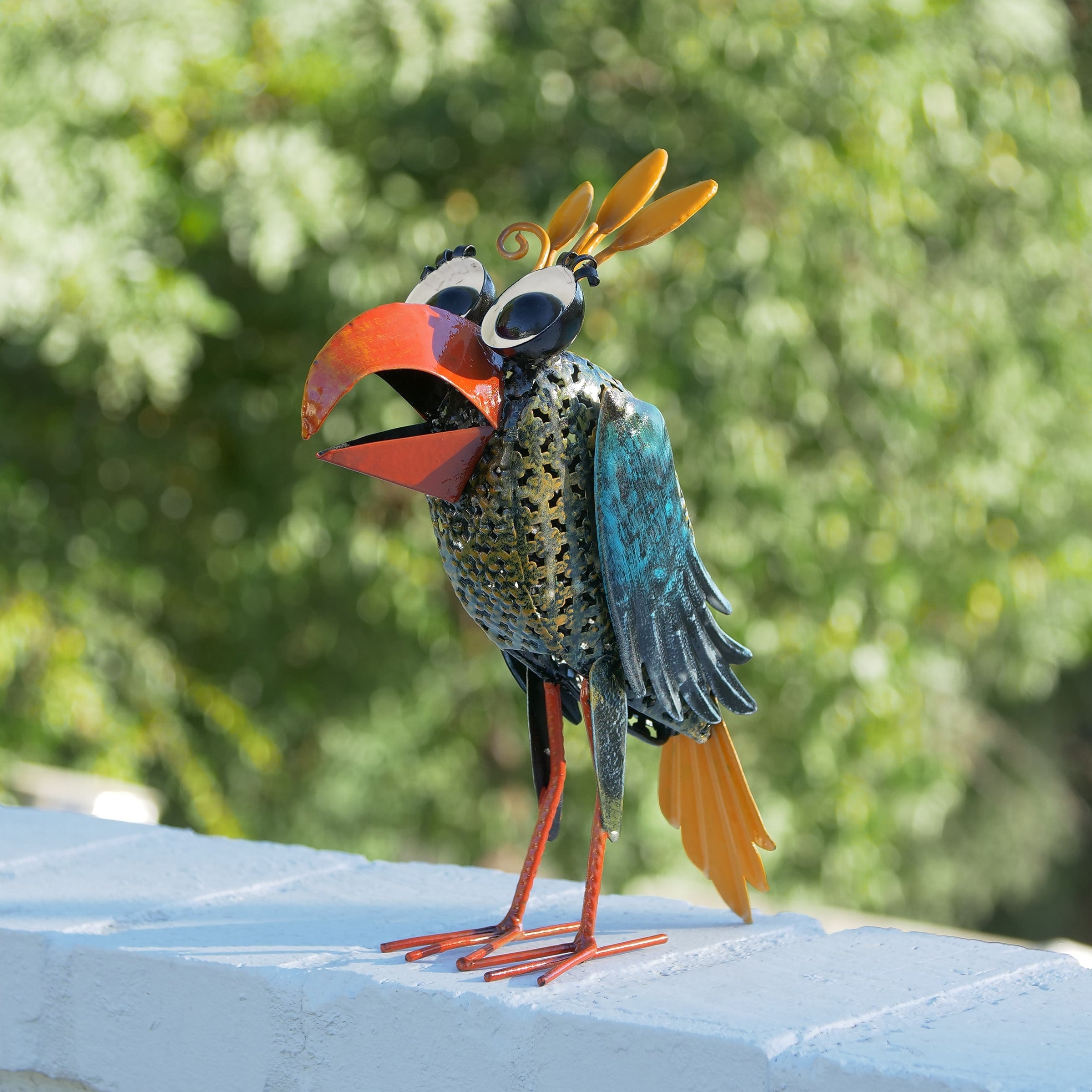 Alpine 12 Inch Outdoor Metal Wide Eyed Bird Standing Statue Multicolor