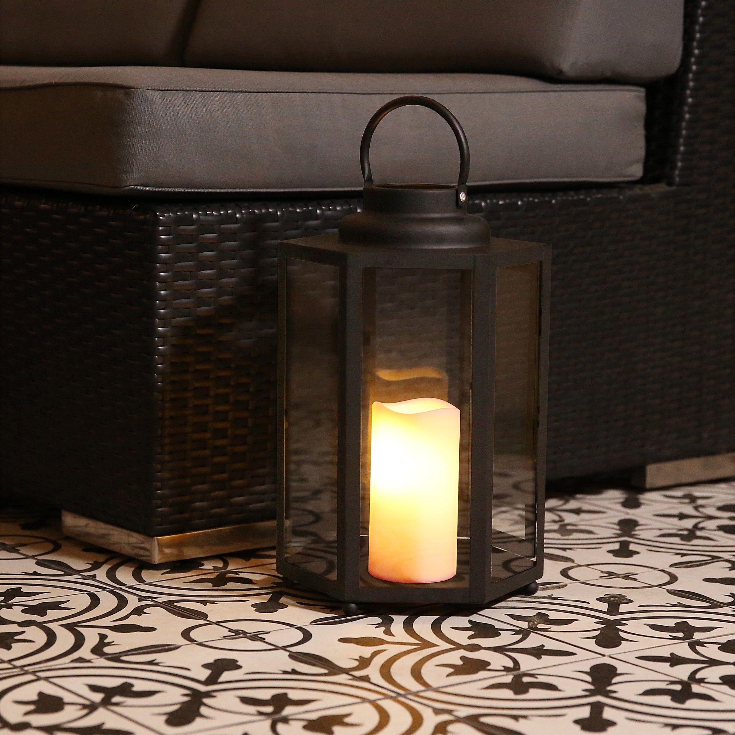 Alpine Corporation Black Hexagonal Candlelit Lantern With Warm White Leds Small
