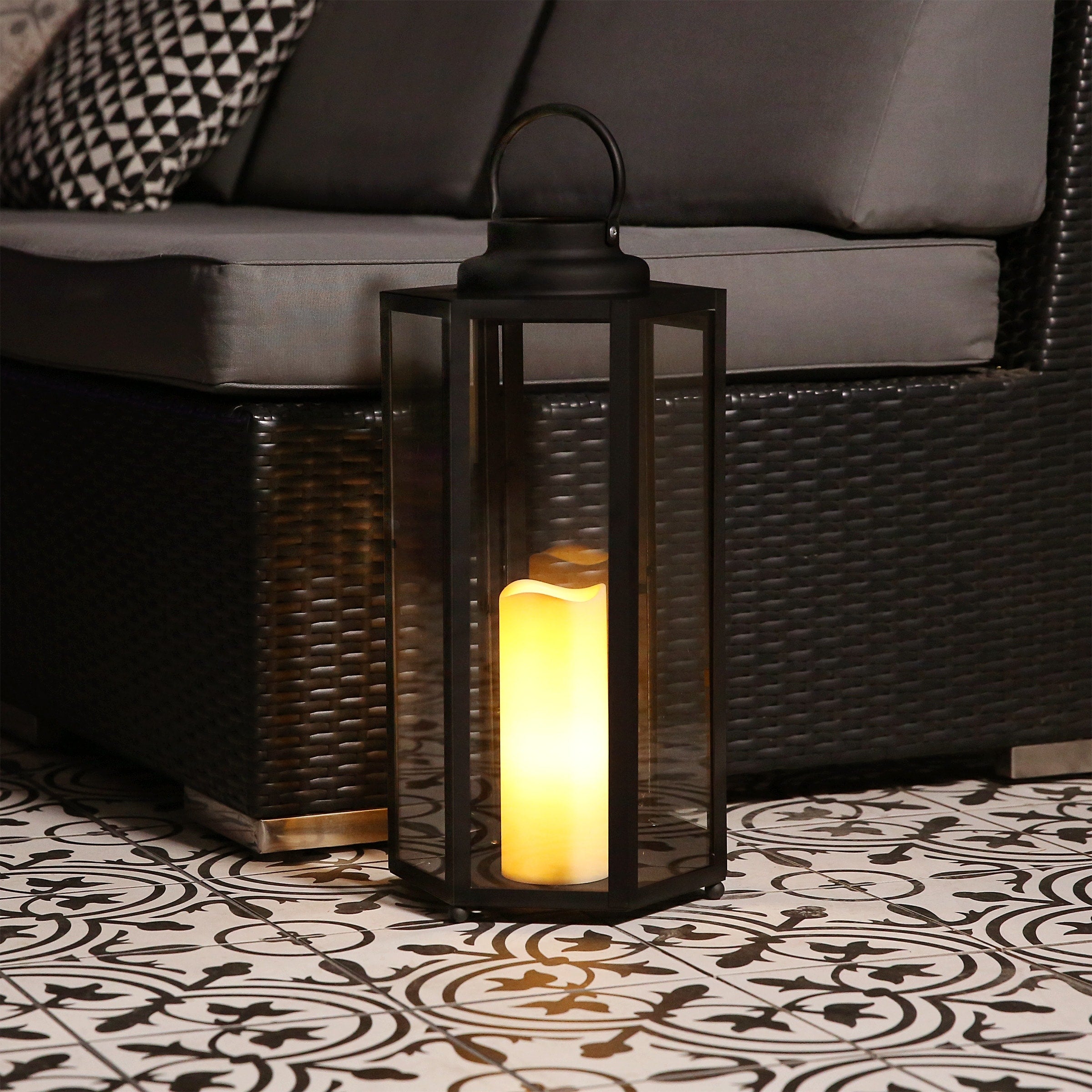 Alpine Corporation Black Hexagonal Candlelit Lantern With Warm White Leds Large