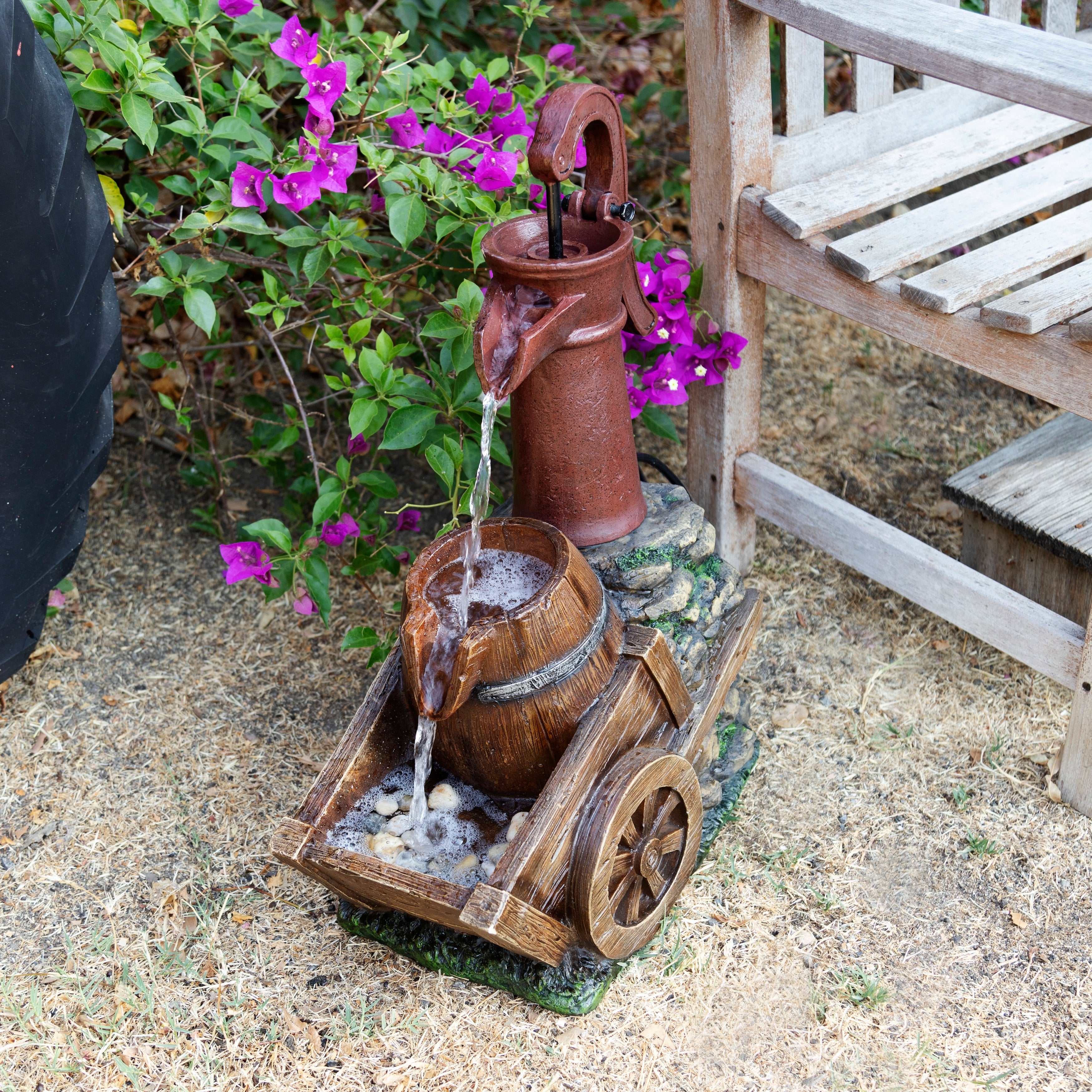 Alpine Corporation 24 Vintage Red Water Pump With Wheelbarrow Fountain