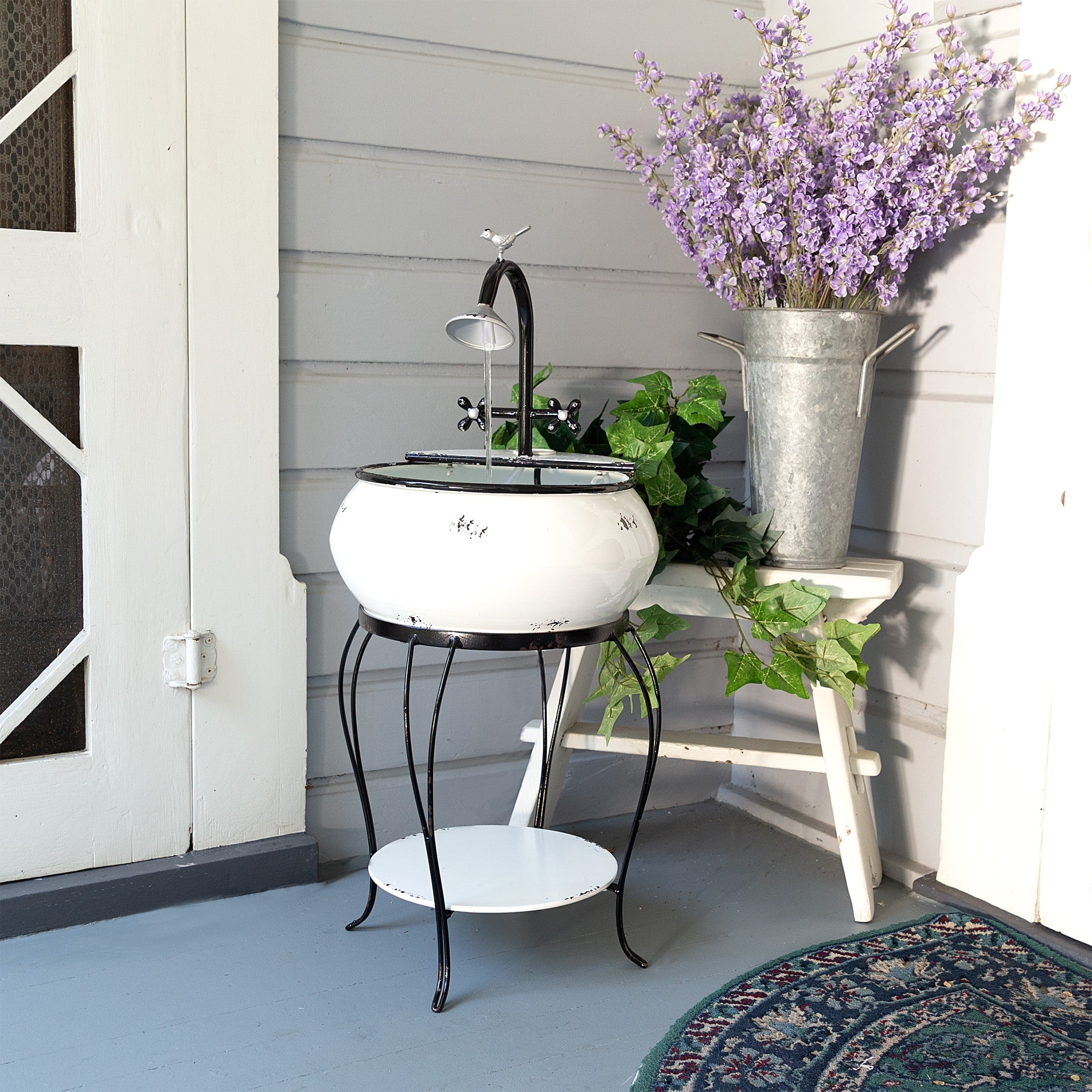 Alpine Corporation 32 Tall Outdoor Antique Metal Sink Water Fountain And Stand White