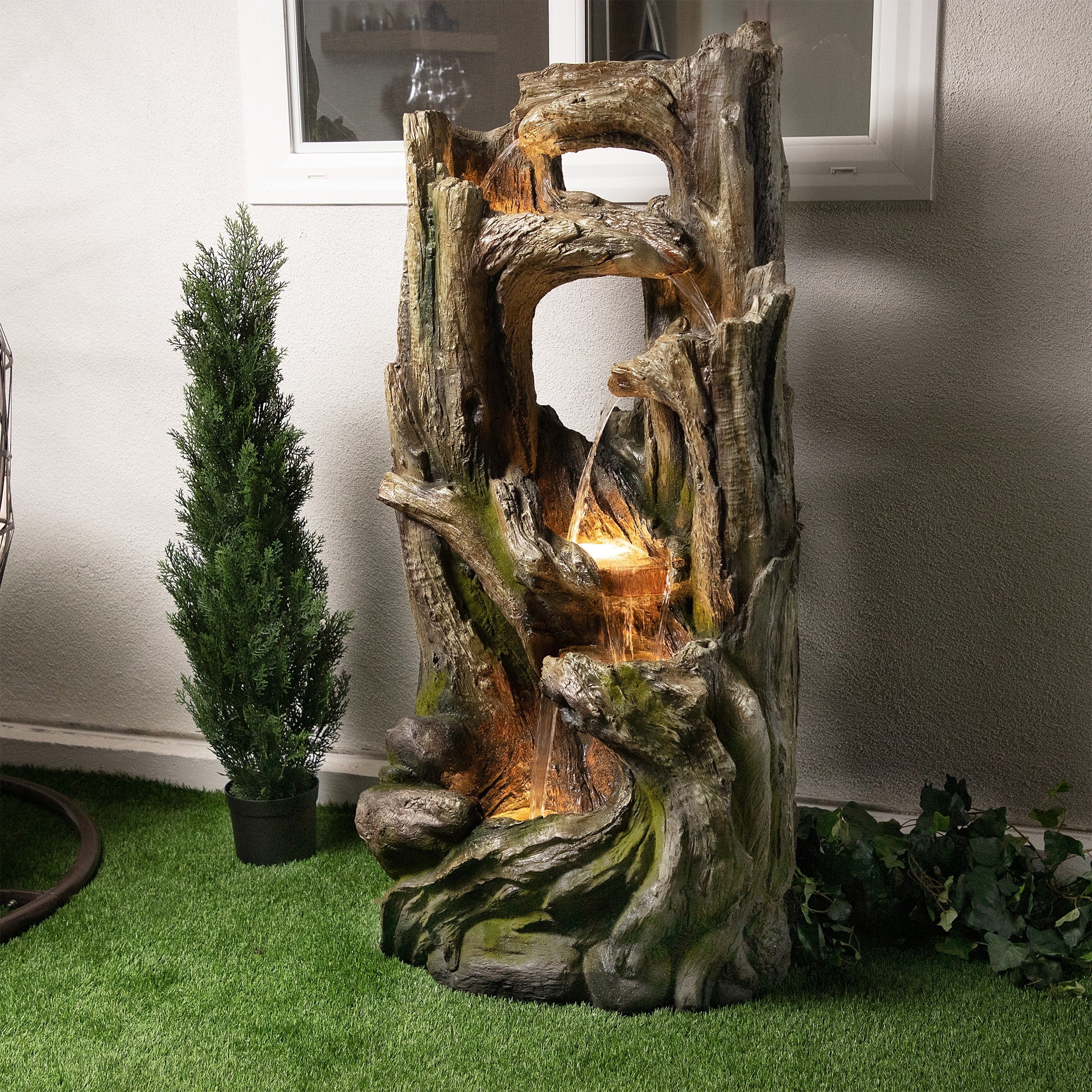 Alpine Corporation 5 Tier Tree Bark Outdoor Fountain With White Led Lights