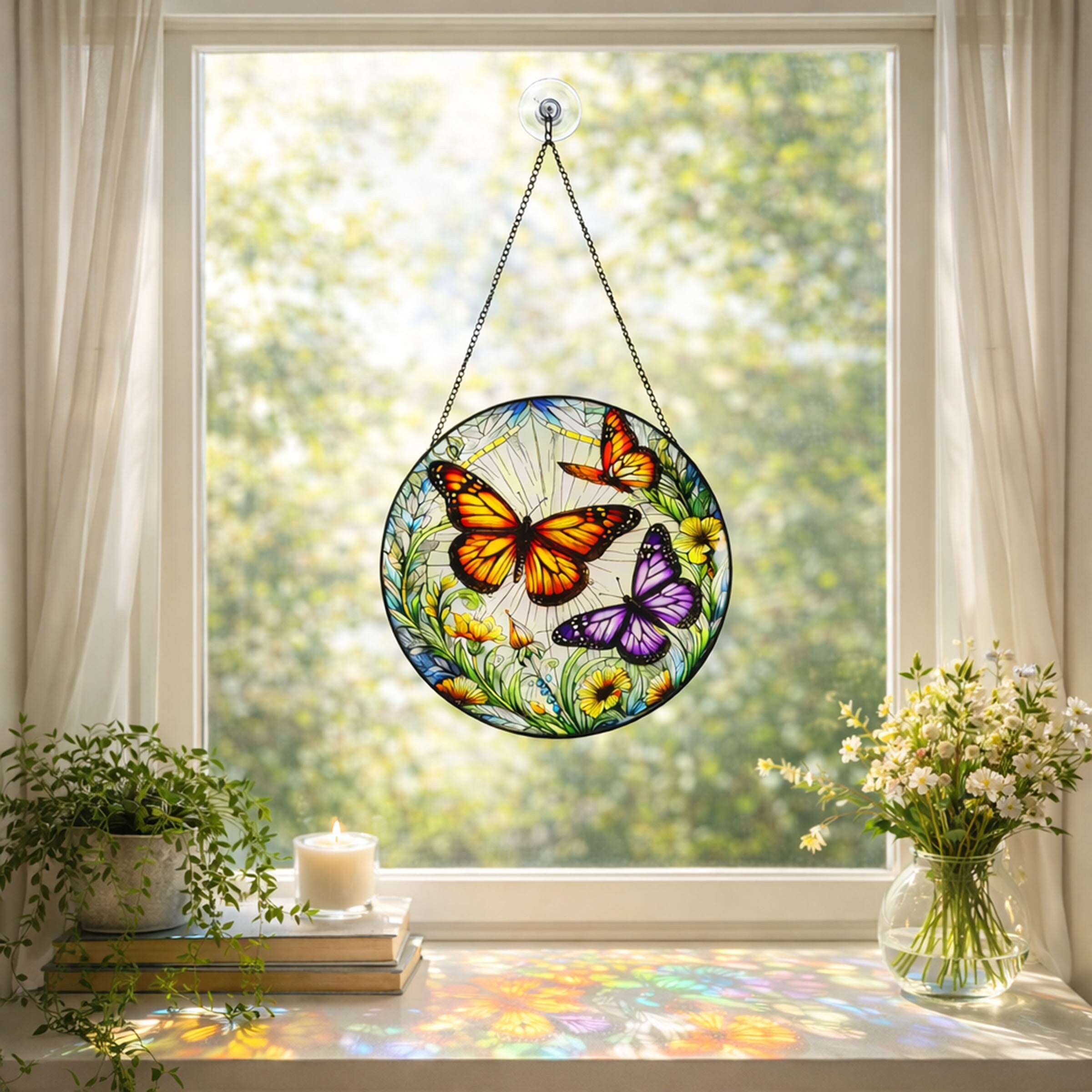 Alpine Corporation Kqx285Hh Stained Glass Butterfly Suncatcher 8 Floral Window Panel Colorful Monarch Purple 13 Hanging