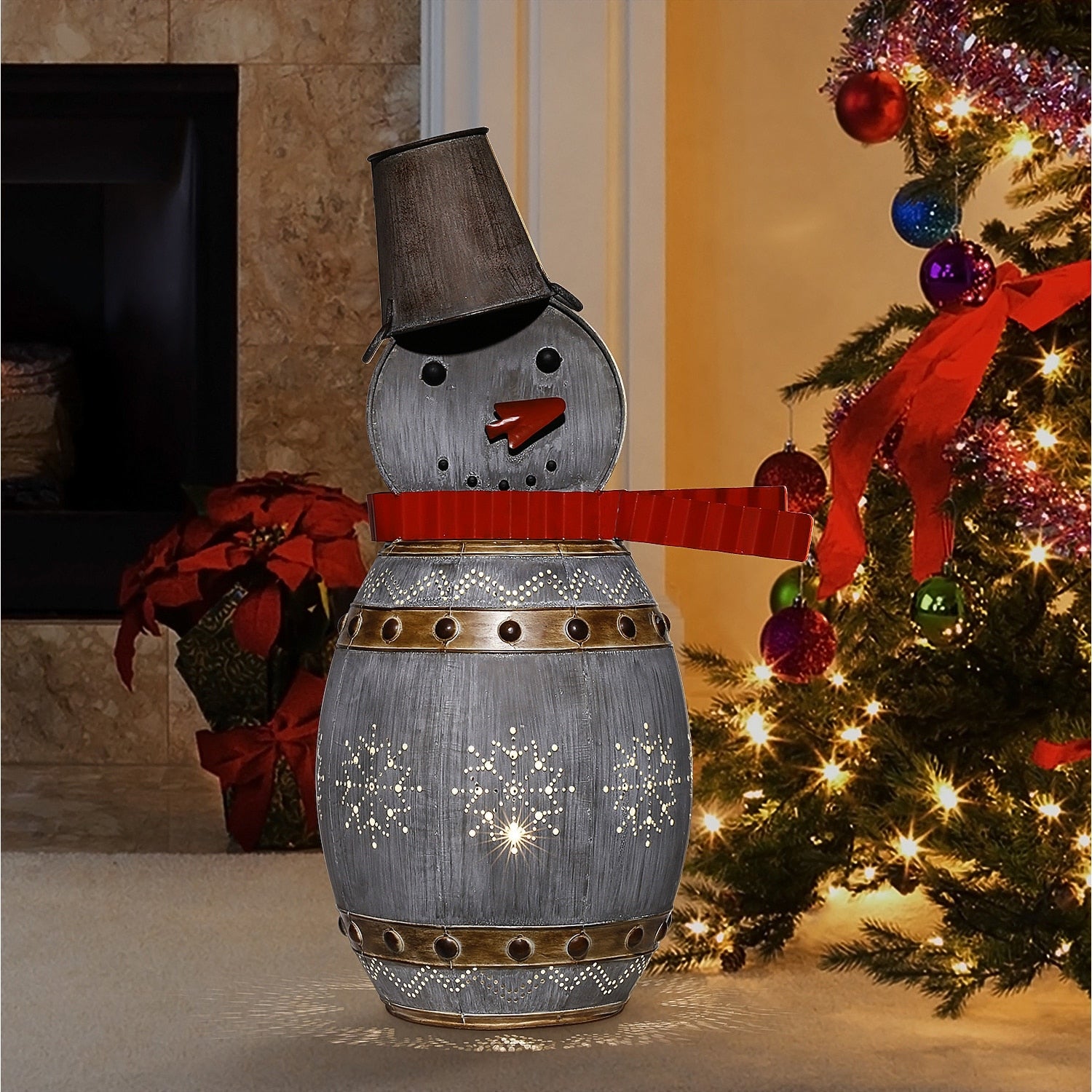 Alpine Corporation Metallic Barreled Snowman With Warm White Led Lights