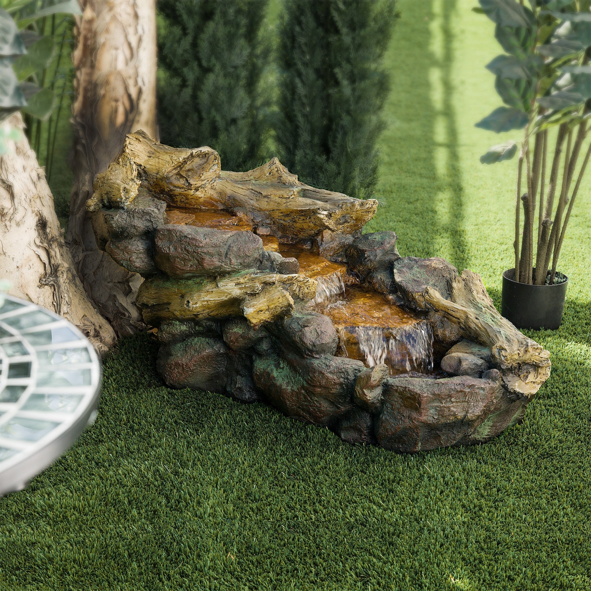 Alpine Corporation River Rocks And Logs Fountain With Cool White Led Lights