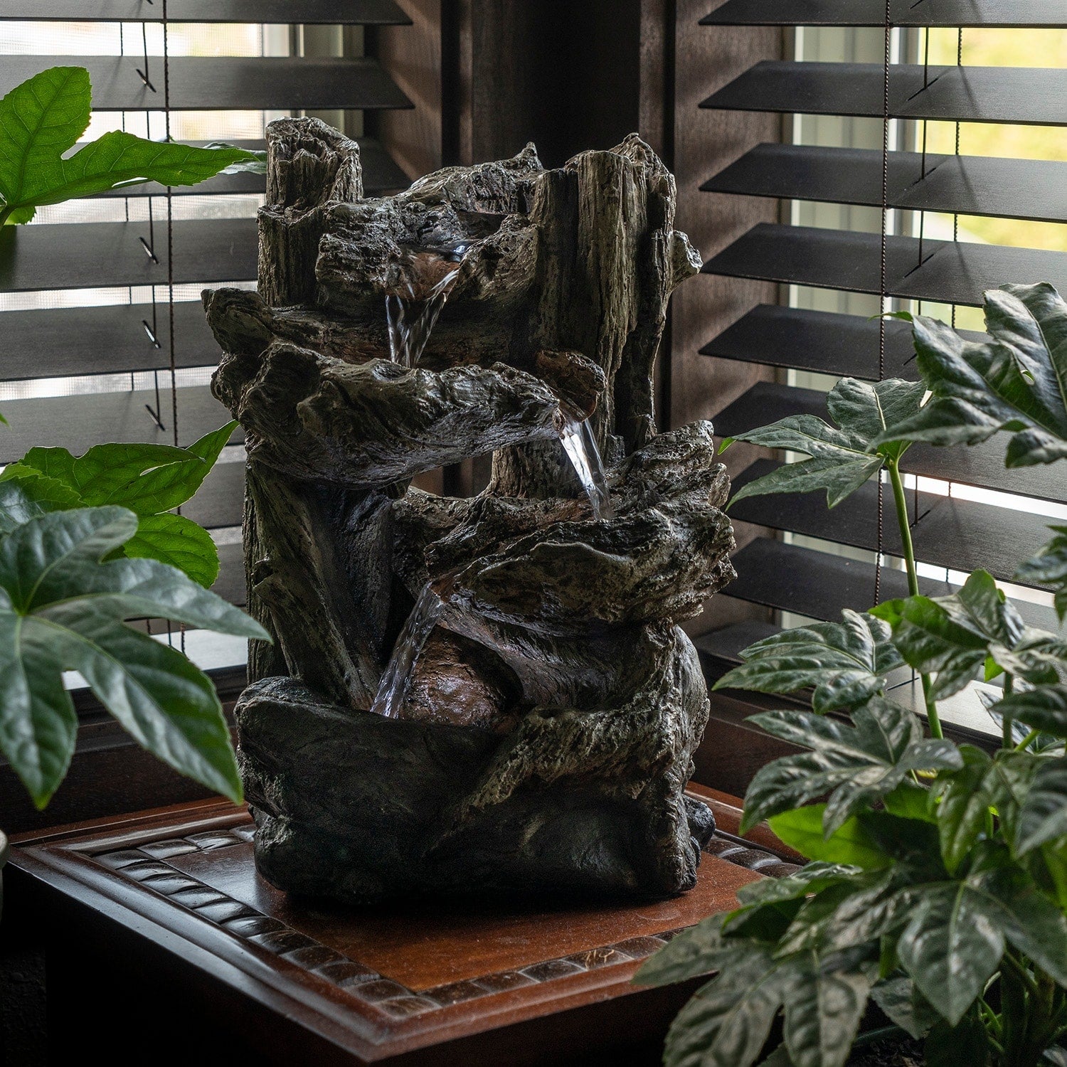 Alpine Corporation Tiered Log Tabletop Fountain With Led Lights