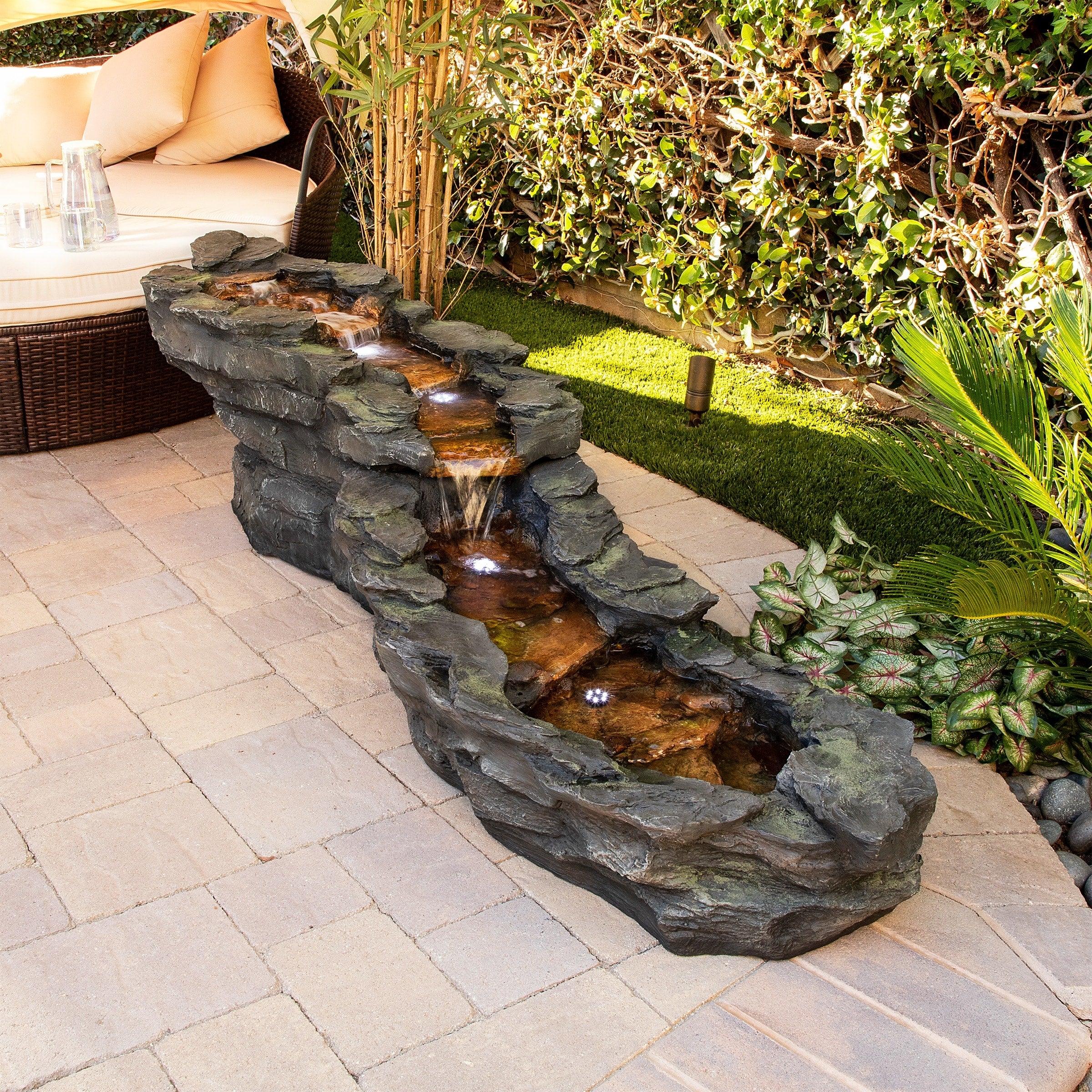 Alpine Corporation Tiered Rocky River Stream Fountain With White Led Lights