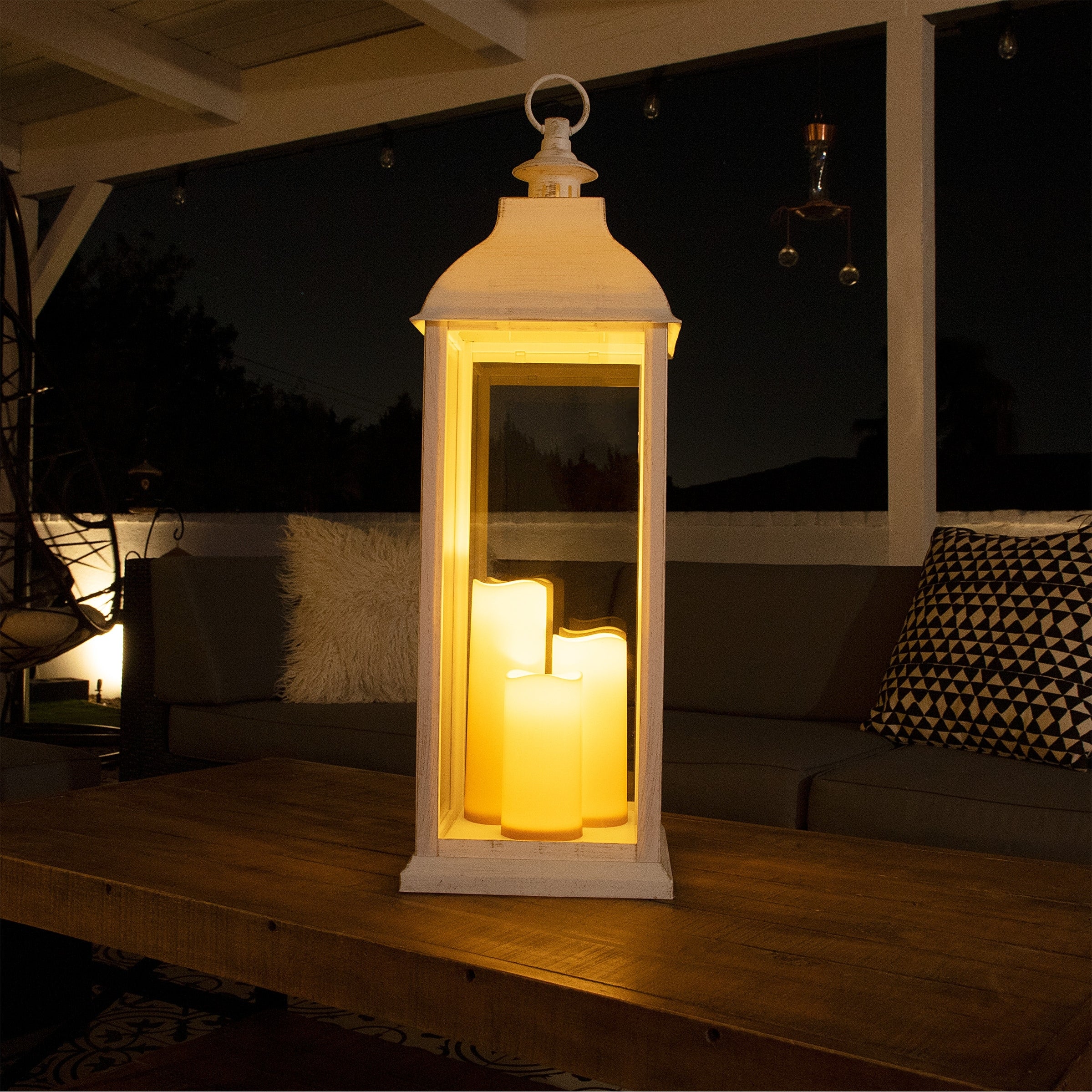 Alpine Corporation White Candlelit Lantern With Warm White Led Lights Large