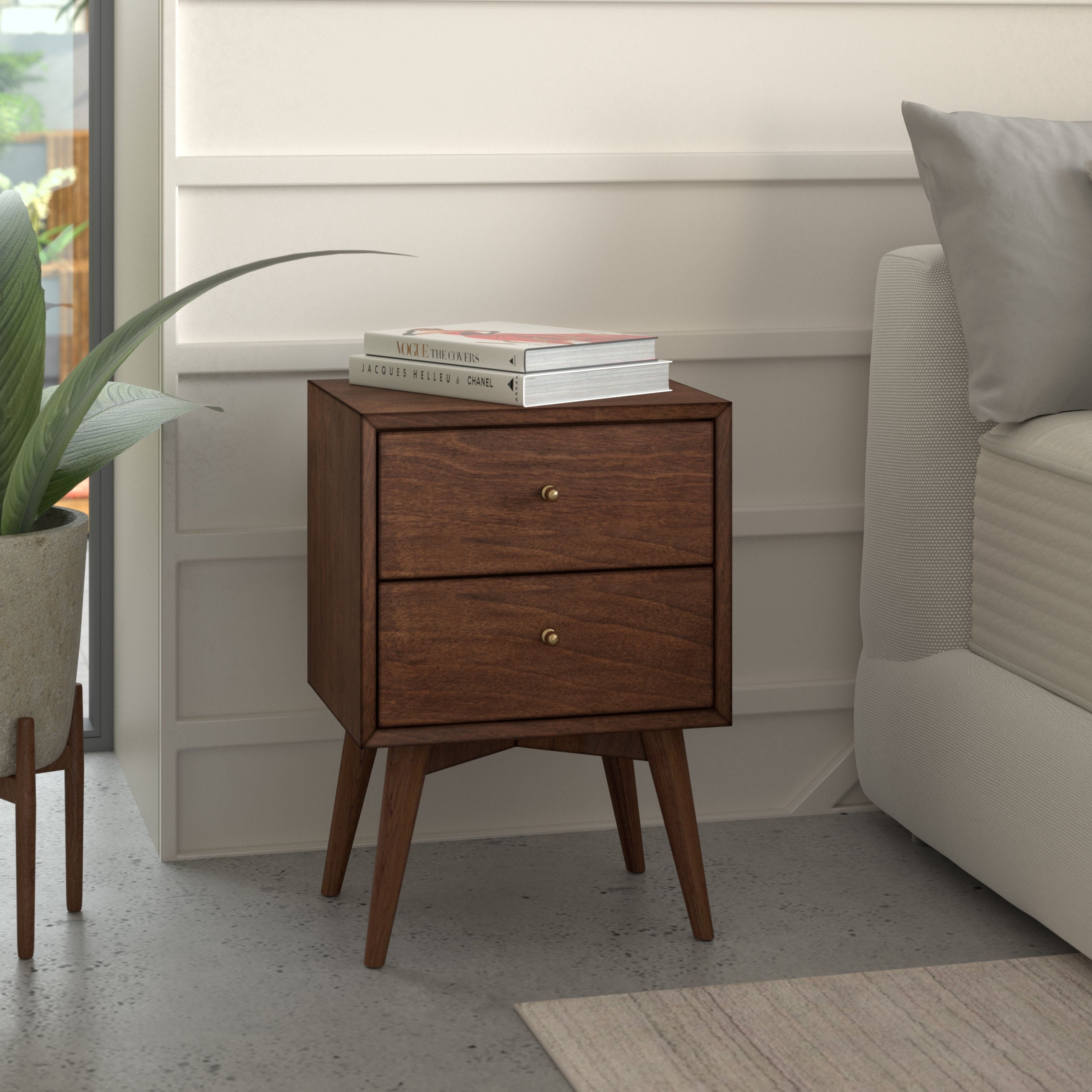 Alpine Furniture Flynn Mid Century Wood 2 Drawer Nightstand In Walnut Brown