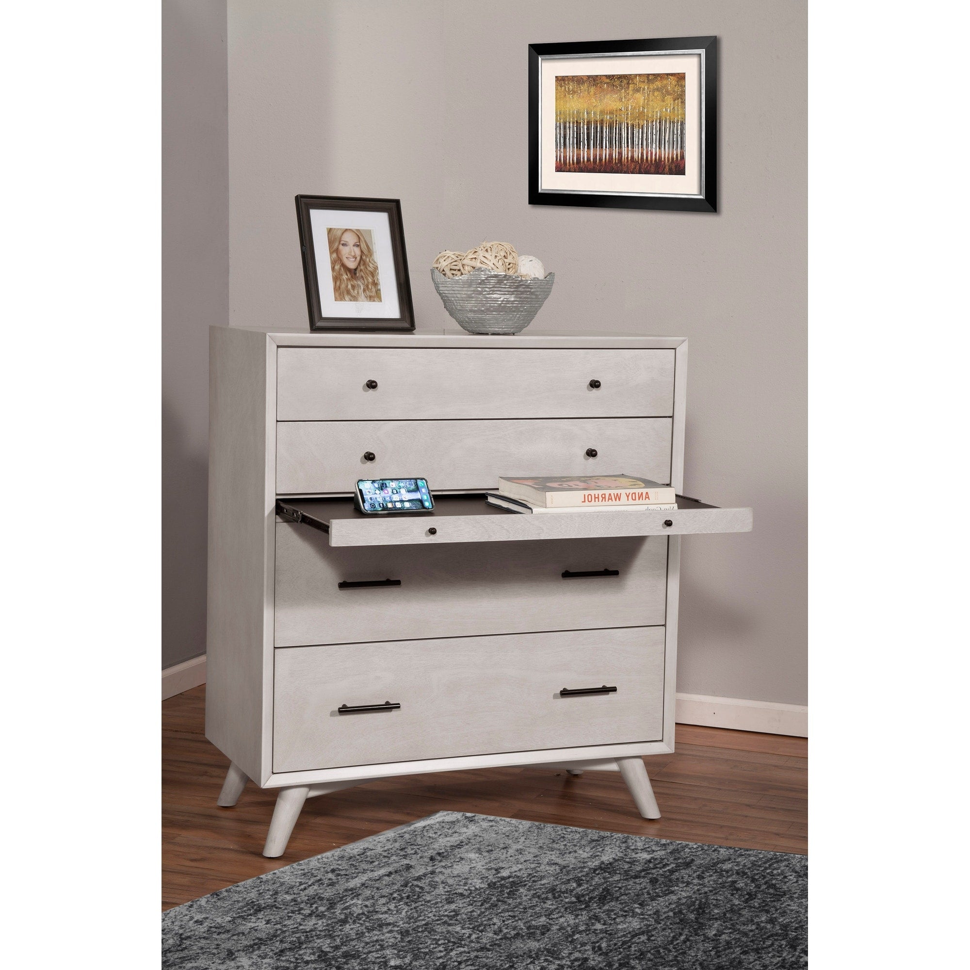 Alpine Furniture Flynn Mid Century Modern 4 Drawer Accent Chest In Gray