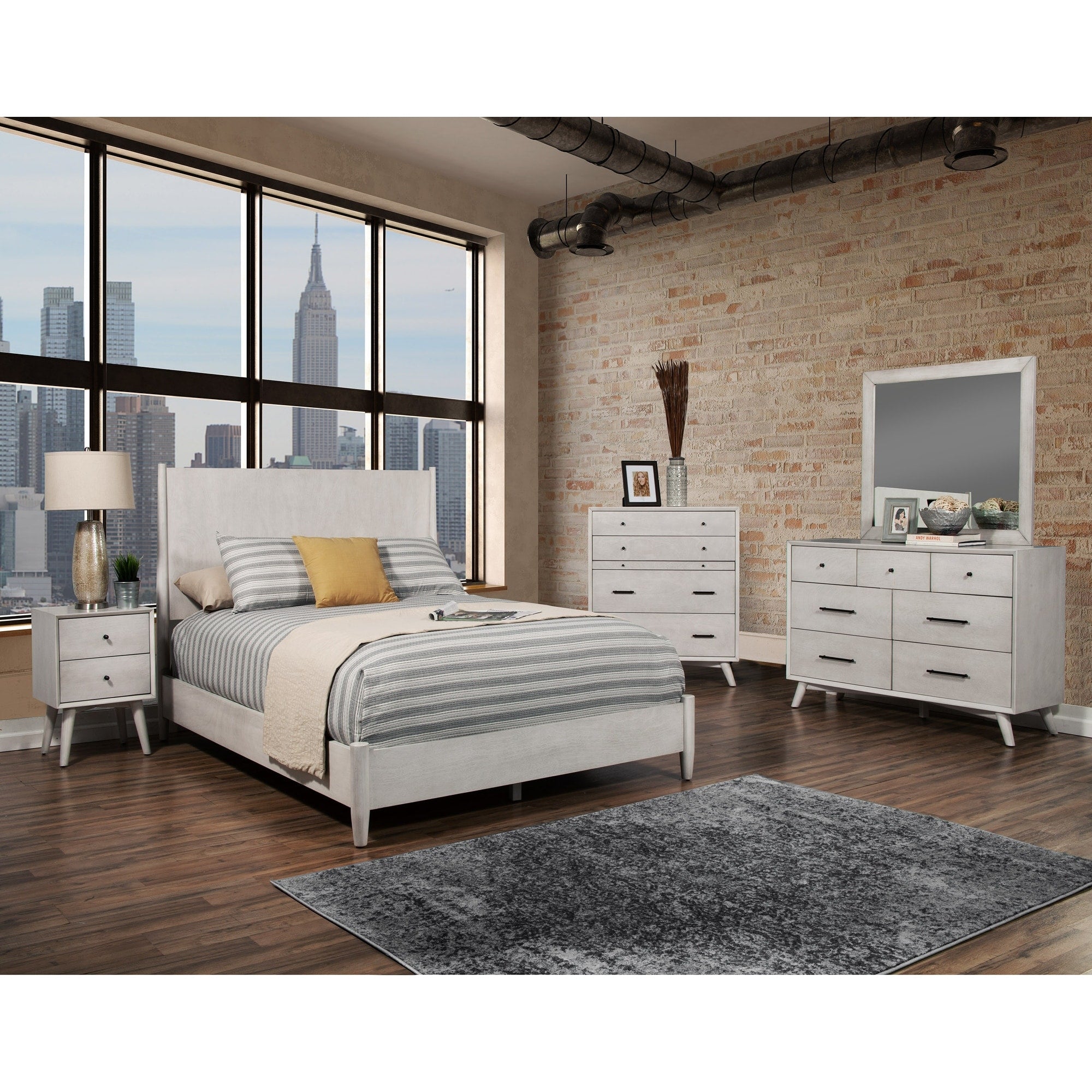 Alpine Furniture Flynn Mid Century Modern Wood Queen Panel Bed In Gray