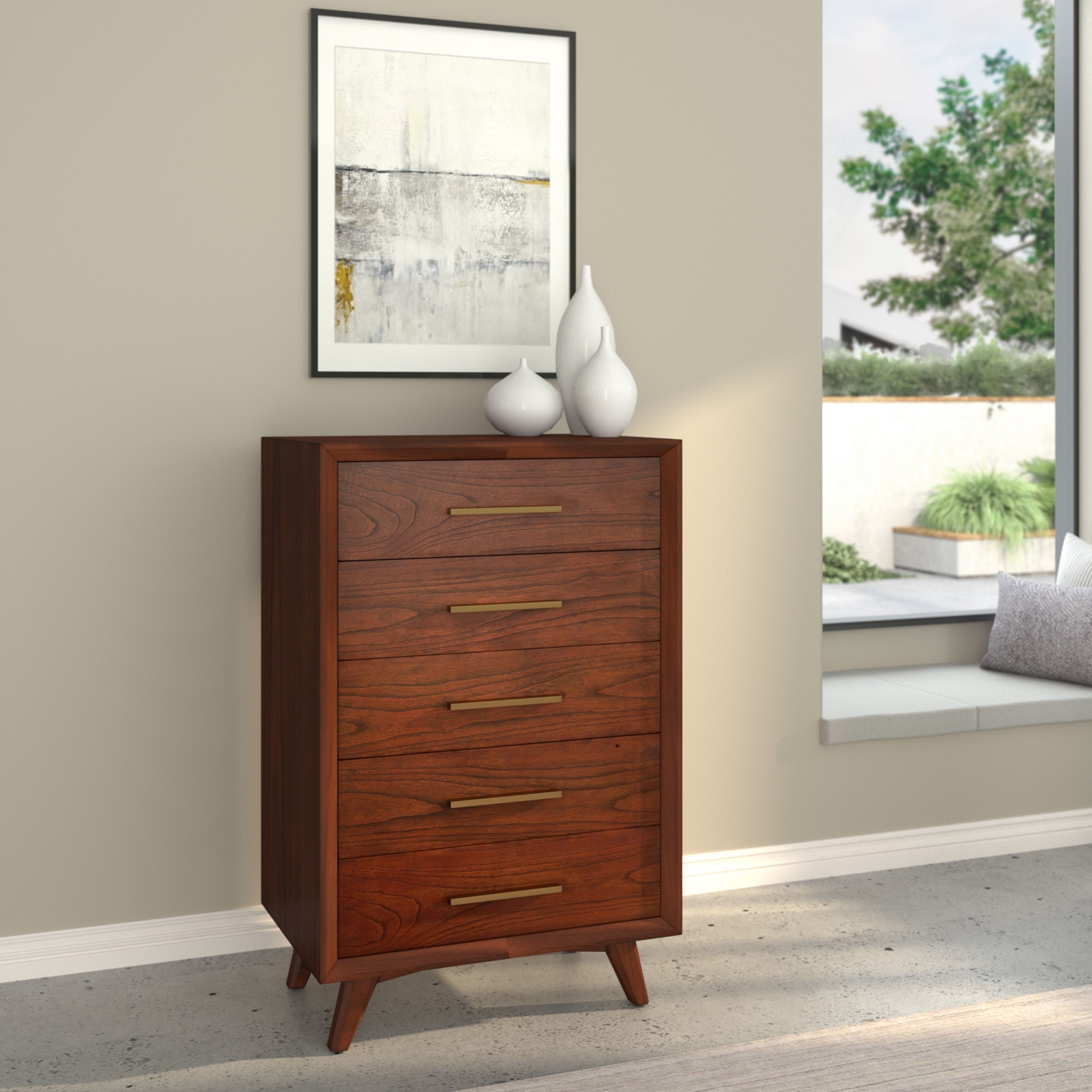 Alpine Furniture Gramercy 5 Drawer Wood Chest In Walnut Brown