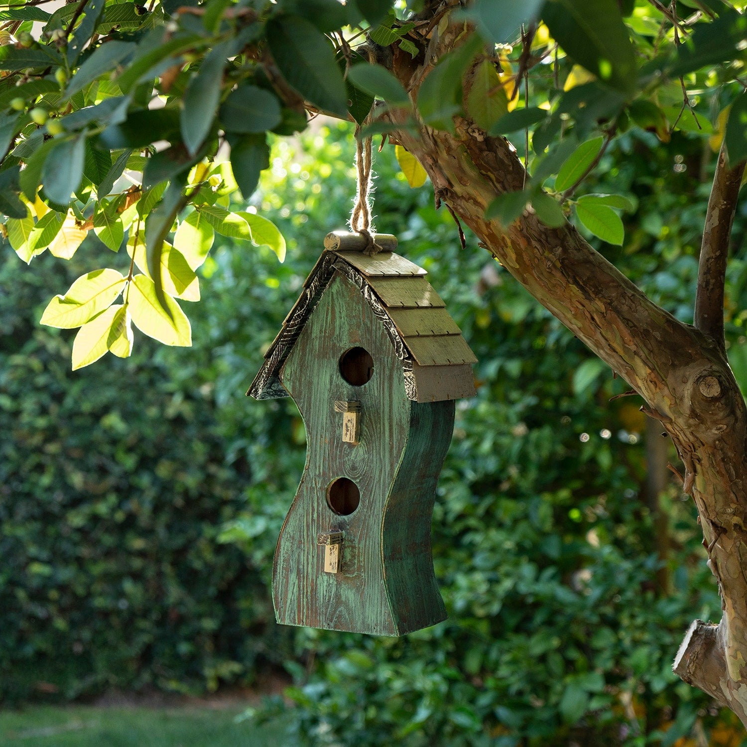 Alpine Green Swirly Wooden Birdhouse 16 Inch Tall