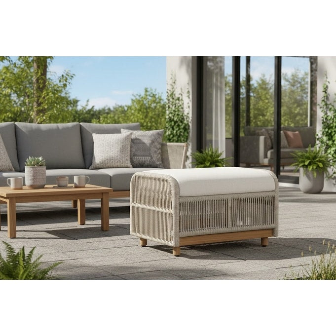 Alpine Teak Wood Outdoor Ottoman With Rope Design