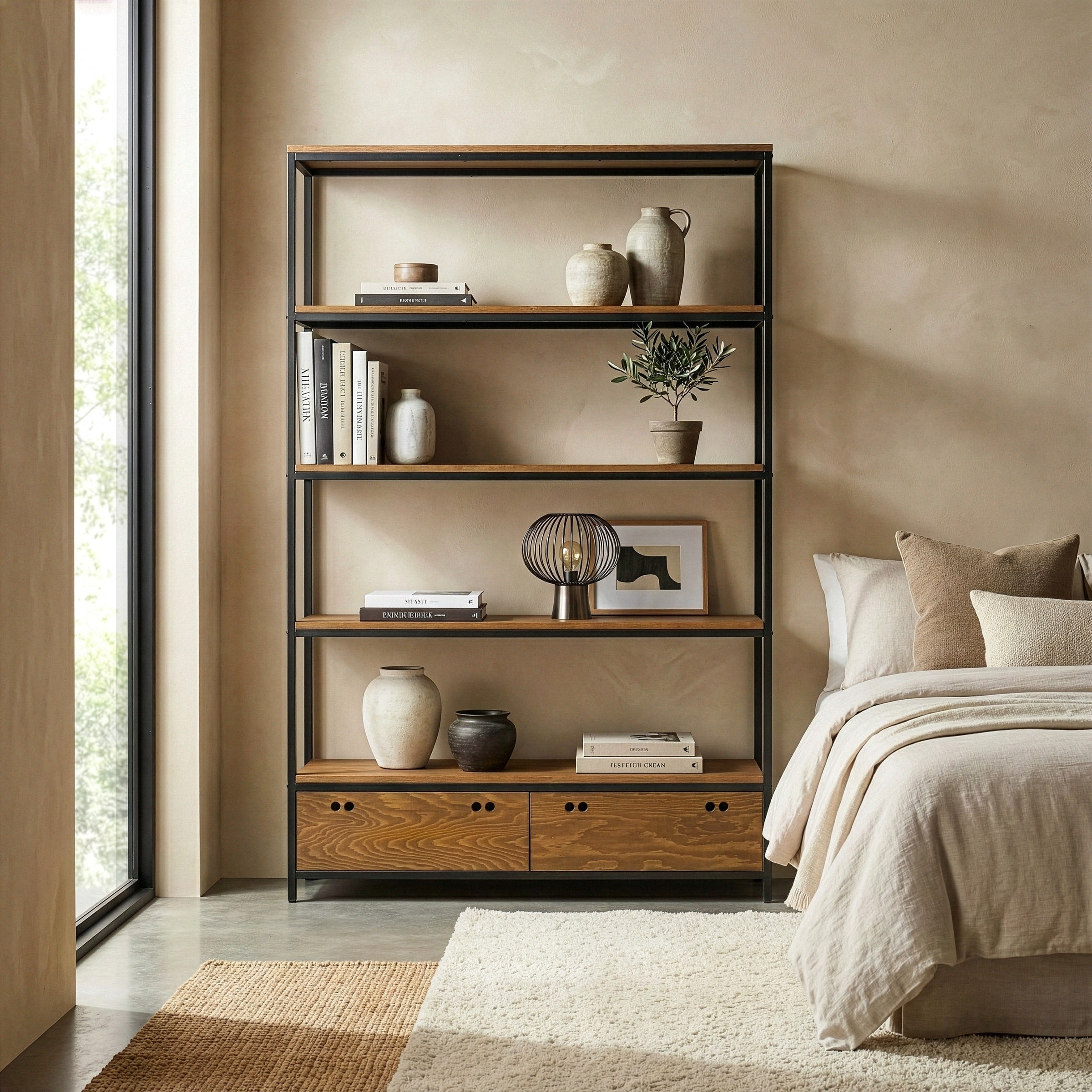 Alta Brown Pine Wood Display Shelf Etagere Bookcase With Drawers