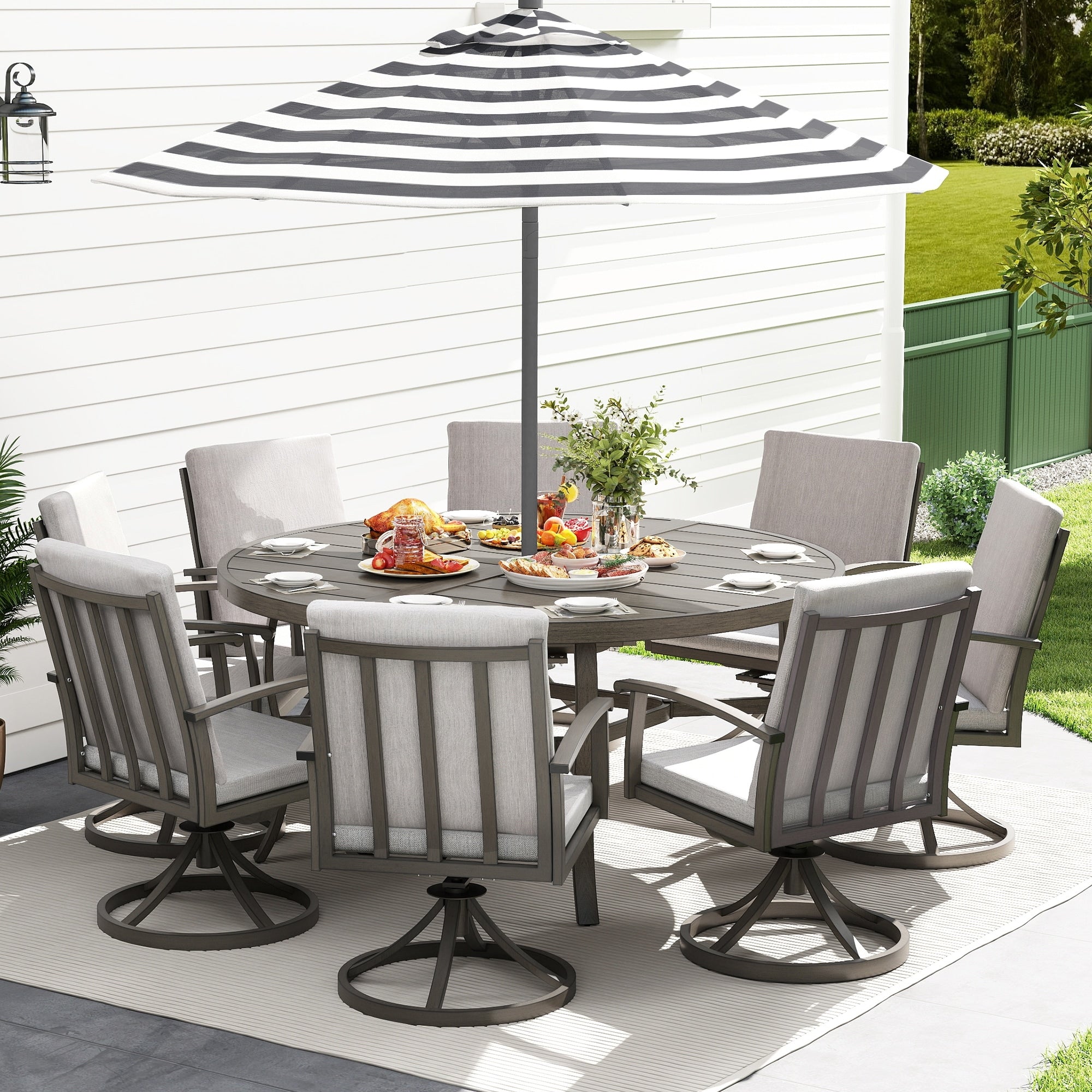 Alulux 9 Piece Grey Aluminum Patio Dining Set With 8 Swivel Dining Chairs And Washable Grey Cushions