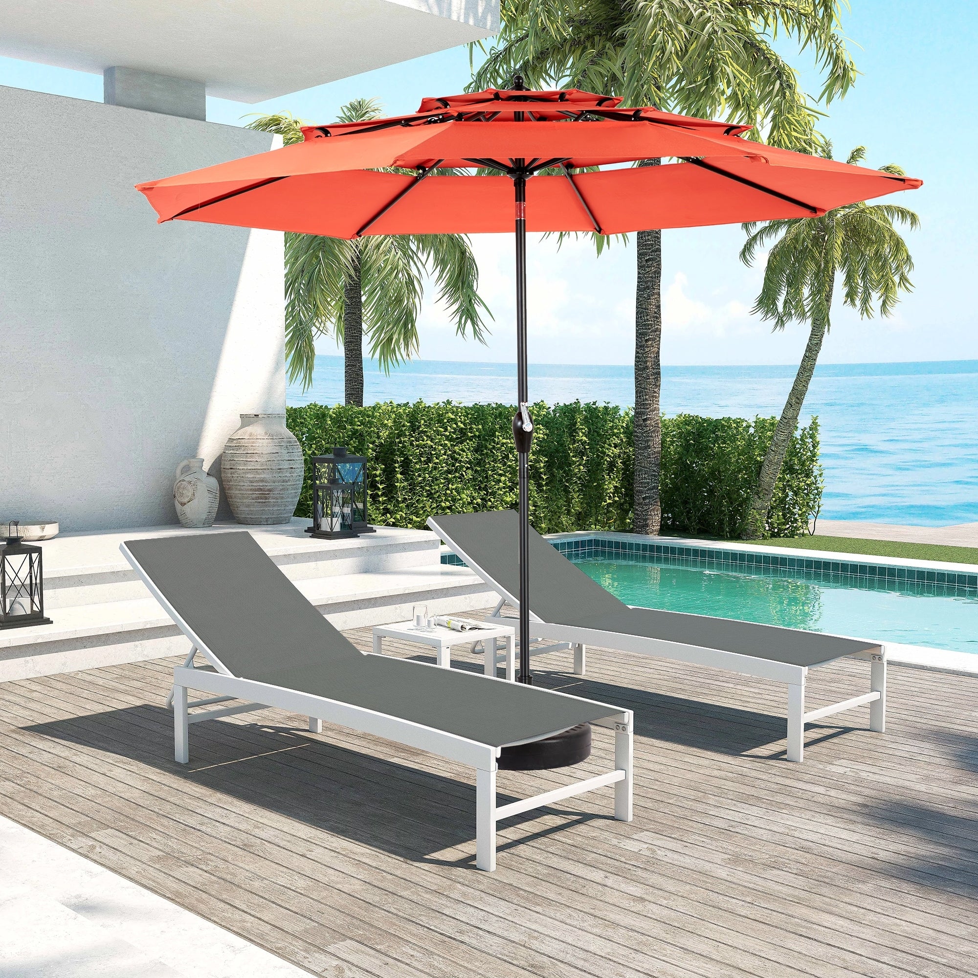 Aluminium 10Ft 3 Tier Auto Tilt Umbrella Outdoor Patio Umbrella Market Table Pool Deck Umbrella Base Not Included