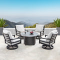 Aluminum 44 In Round Fire Table Set With Four Deep Seating Swivel Rocking Chairs Wind Blocker Fire Beads Lid And Fabric Cover