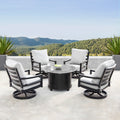 Aluminum 44 In Round Fire Table Set With Four Deep Seating Swivel Rocking Chairs Wind Blocker Fire Beads Lid And Fabric Cover