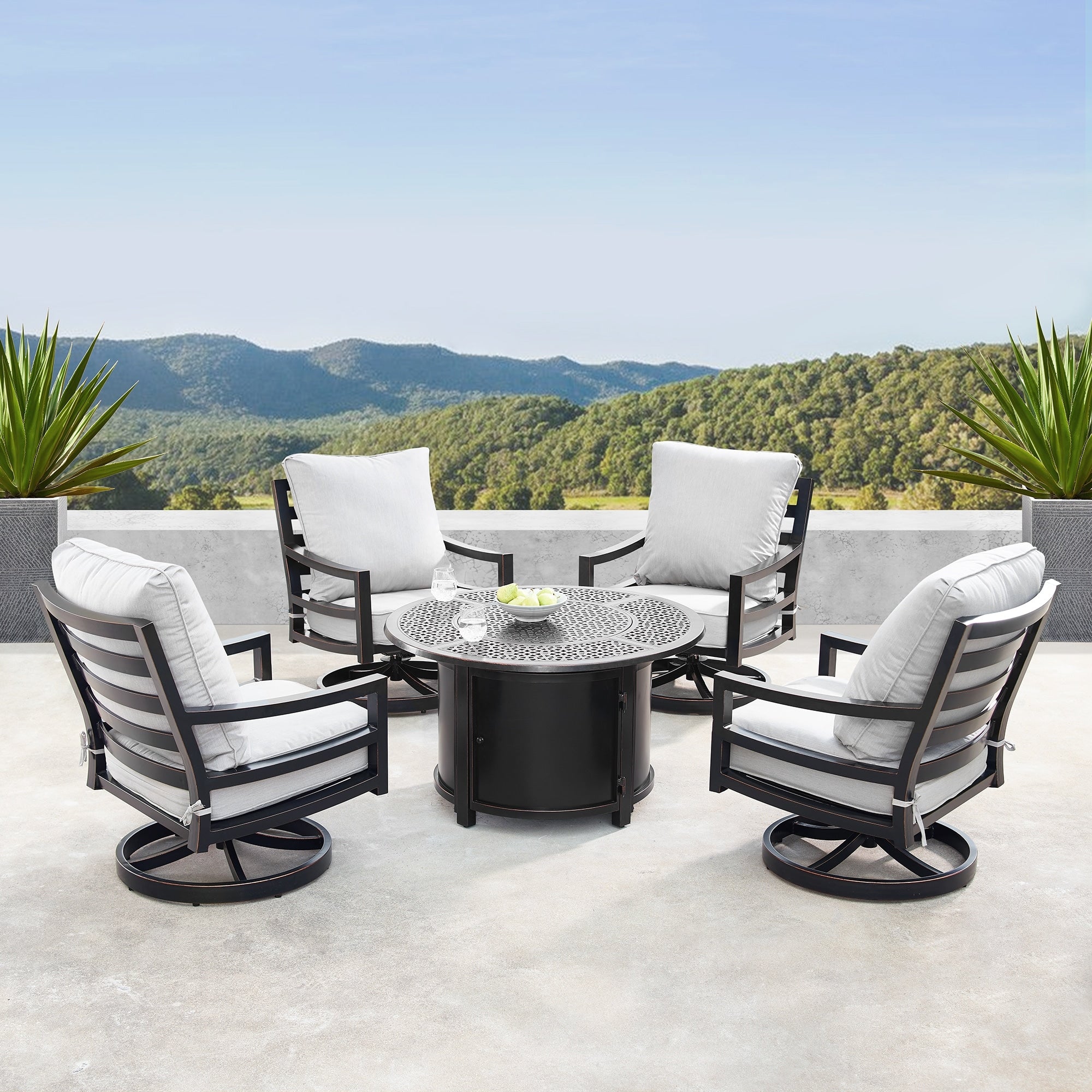 Aluminum 44 In Round Fire Table Set With Four Deep Seating Swivel Rocking Chairs Wind Blocker Fire Beads Lid And Fabric Cover