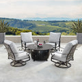 Aluminum 44 In. Round Fire Table Set With Four Deep Seating Swivel Rockers Wind Blocker Fire Beads Lid And Fabric Cover