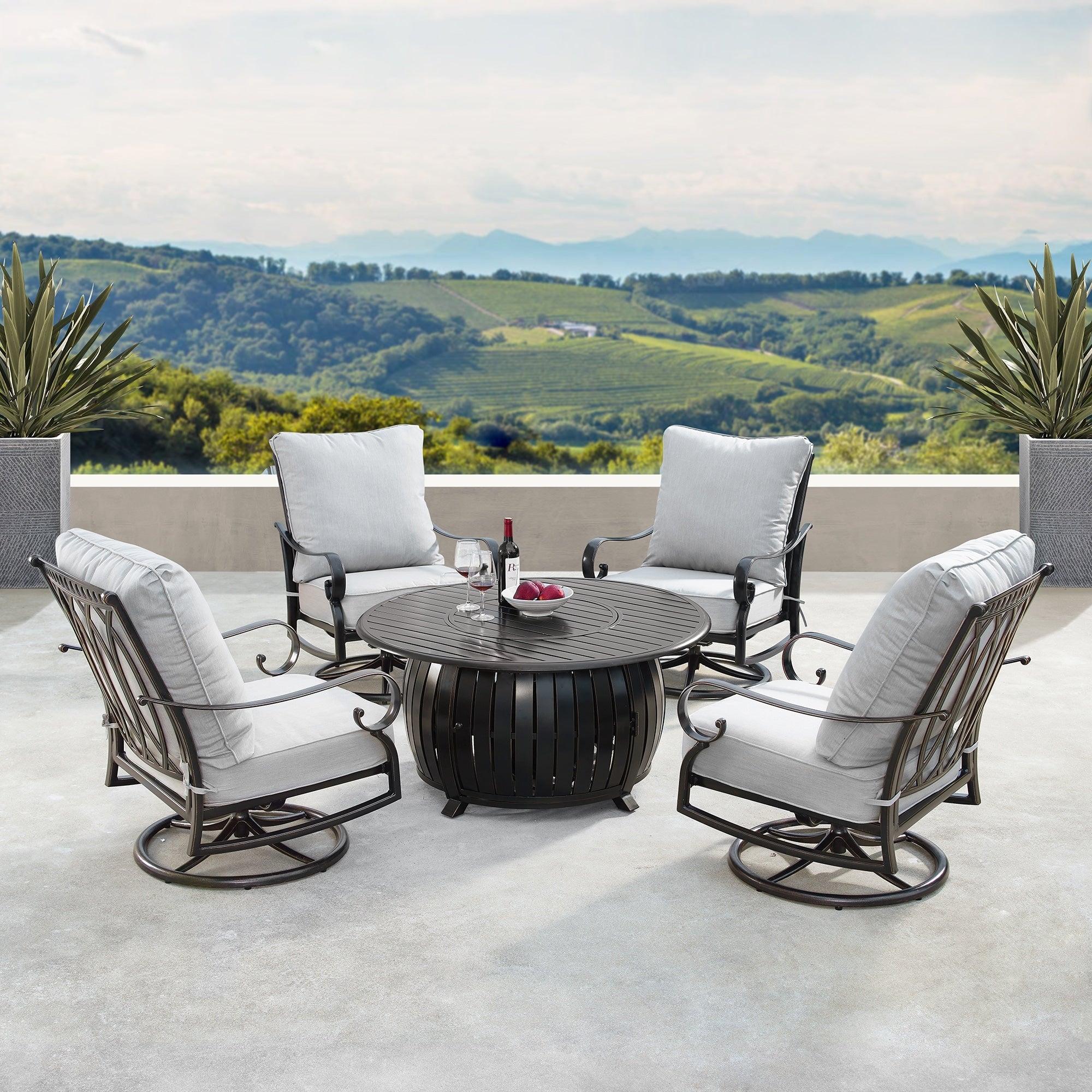 Aluminum 44 In. Round Fire Table Set With Four Deep Seating Swivel Rockers Wind Blocker Fire Beads Lid And Fabric Cover