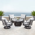 Aluminum 44 In Round Fire Table Set With Four Deep Seating Swivel Rocking Chairs Wind Blocker Fire Beads Lid And Fabric Cover