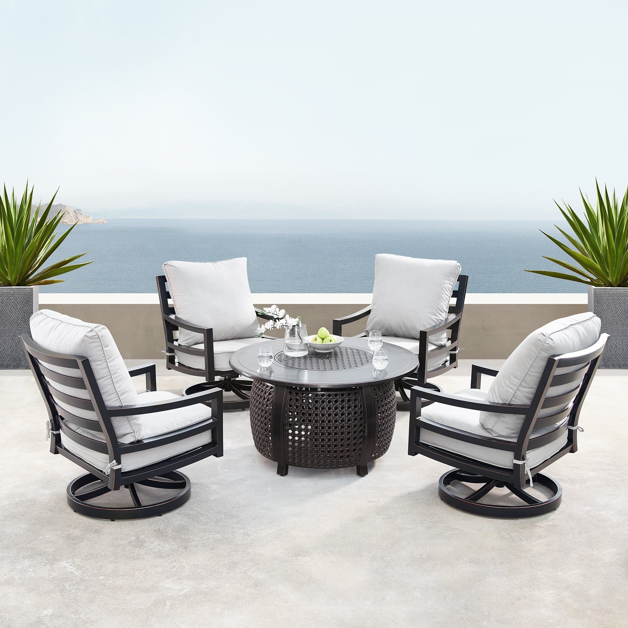 Aluminum 44 In Round Fire Table Set With Four Deep Seating Swivel Rocking Chairs Wind Blocker Fire Beads Lid And Fabric Cover