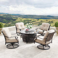 Aluminum 44 In Round Fire Table Set With Four Deep Seating Swivel Rocking Chairs Wind Blocker Fire Beads Lid And Fabric Cover