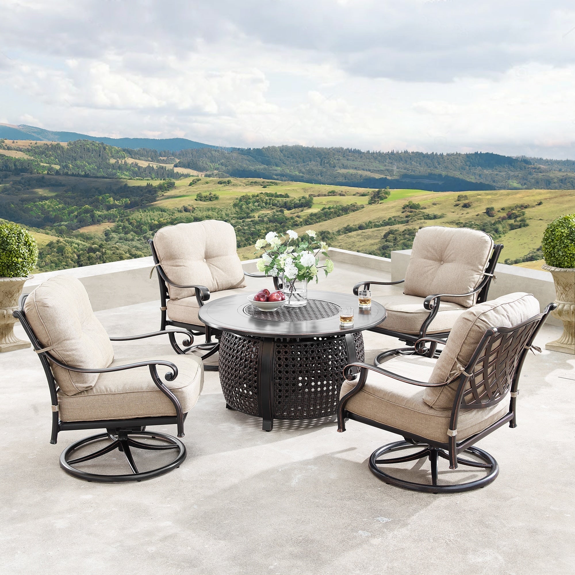 Aluminum 44 In Round Fire Table Set With Four Deep Seating Swivel Rocking Chairs Wind Blocker Fire Beads Lid And Fabric Cover
