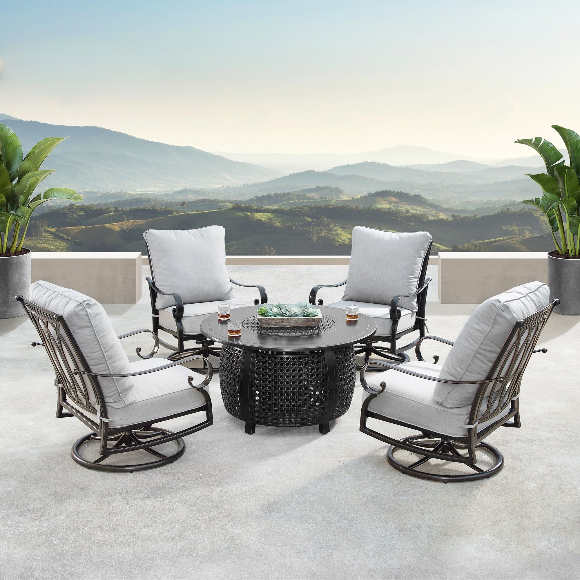 Aluminum 44 In Round Fire Table Set With Four Deep Seating Swivel Rocking Chairs Wind Blocker Fire Beads Lid And Fabric Cover