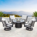Aluminum 44 In Round Fire Table Set With Four Deep Seating Swivel Rocking Chairs Wind Blocker Fire Beads Lid And Fabric Cover