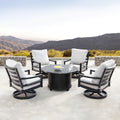 Aluminum 44 In Round Fire Table Set With Four Deep Seating Swivel Rocking Chairs Wind Blocker Fire Beads Lid And Fabric Cover