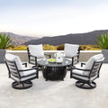 Aluminum 44 In Round Fire Table Set With Four Deep Seating Swivel Rocking Chairs Wind Blocker Fire Beads Lid And Fabric Cover