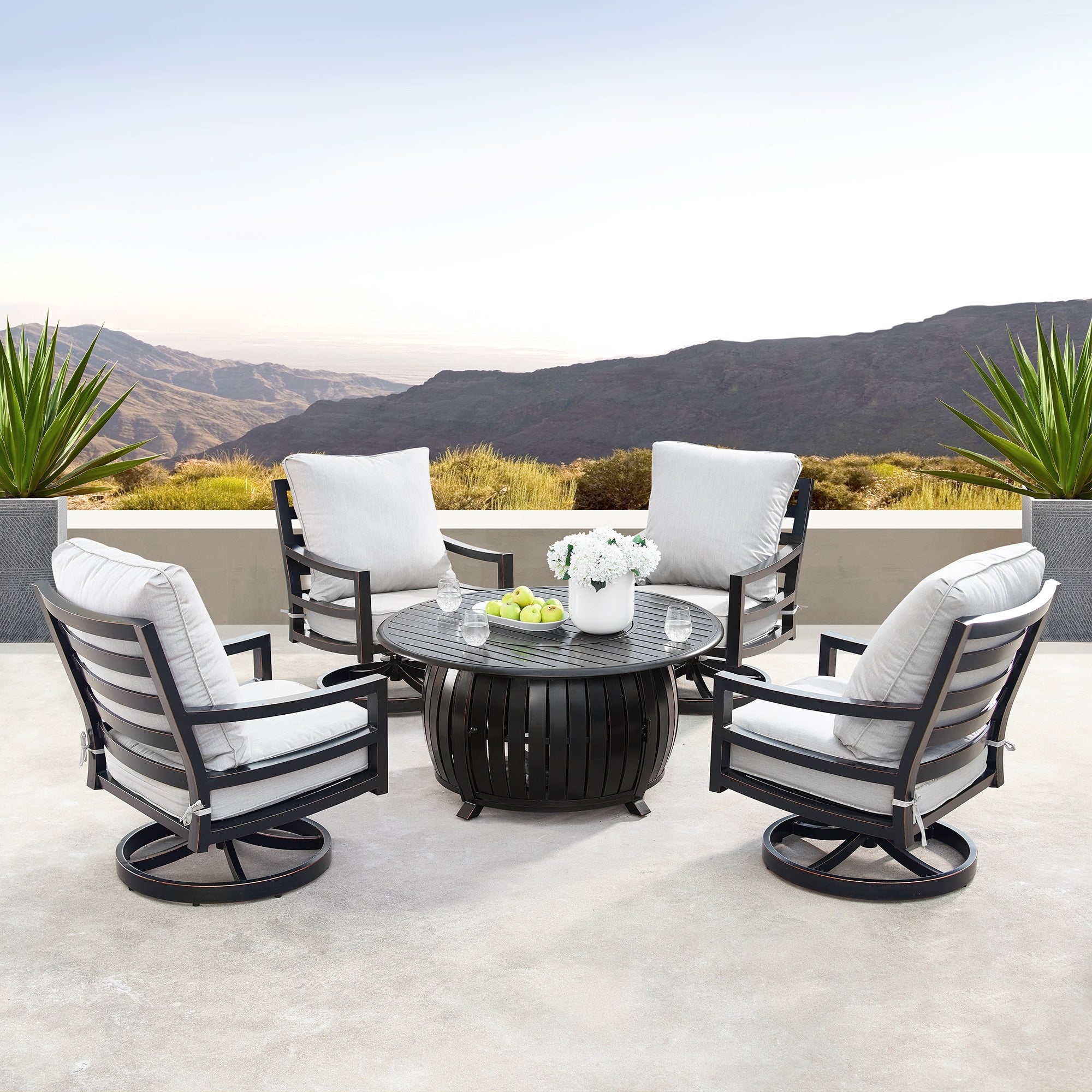 Aluminum 44 In Round Fire Table Set With Four Deep Seating Swivel Rocking Chairs Wind Blocker Fire Beads Lid And Fabric Cover