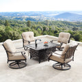 Aluminum 48 In. Rectangular Fire Table Set With Four Deep Seating Swivel Rockers Wind Blocker Fire Beads Lid And Fabric Cover