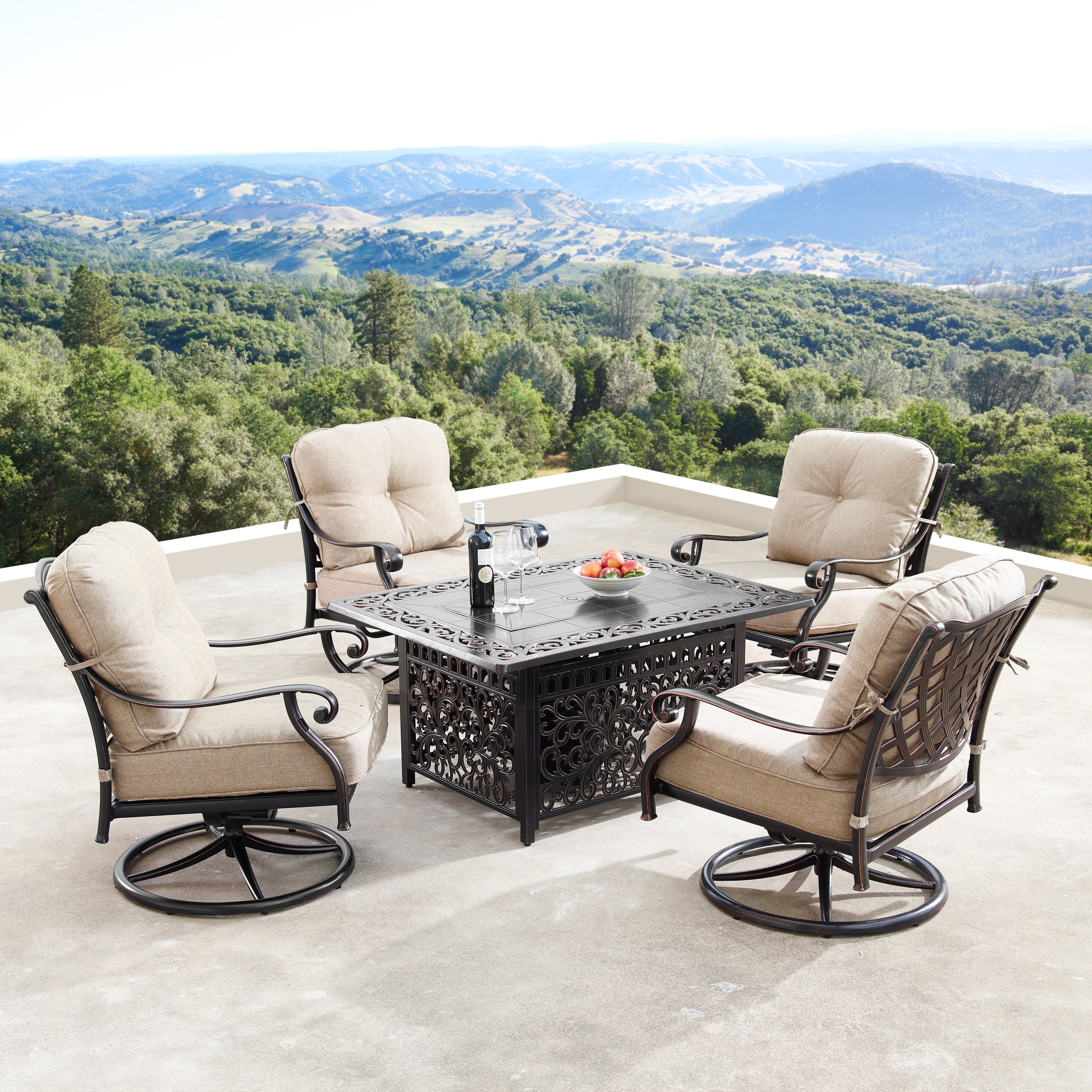 Aluminum 48 In. Rectangular Fire Table Set With Four Deep Seating Swivel Rockers Wind Blocker Fire Beads Lid And Fabric Cover
