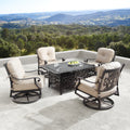 Aluminum 48 In Rectangular Fire Table Set With Four Deep Seating Swivel Rockrers Wind Blocker Fire Beads Lid And Fabric Cover