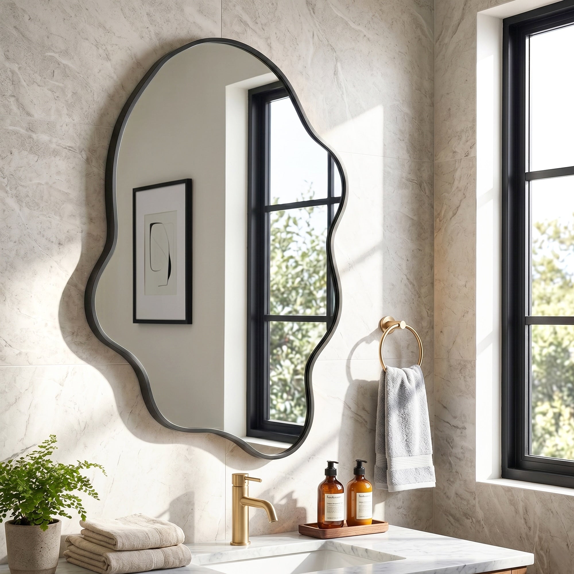 Aluminum Alloy Framed Irregular Wall Mirror Decorative Bathroom Mirror 24X36