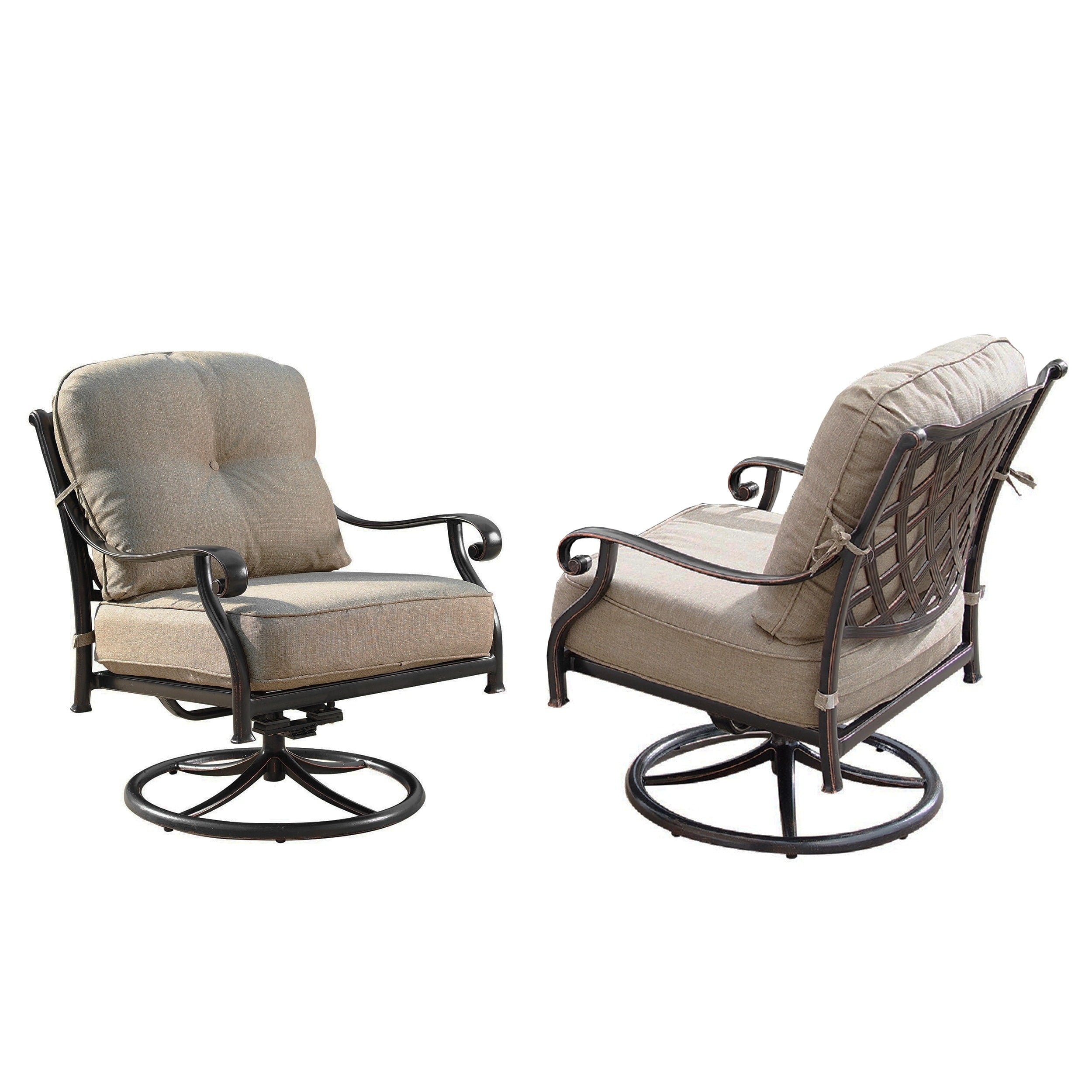 Aluminum Outdoor Deep Seating Swivel Rocking Club Chairs In Antique Copper Finish With Thick Tan Polyester Cushions Set Of 2