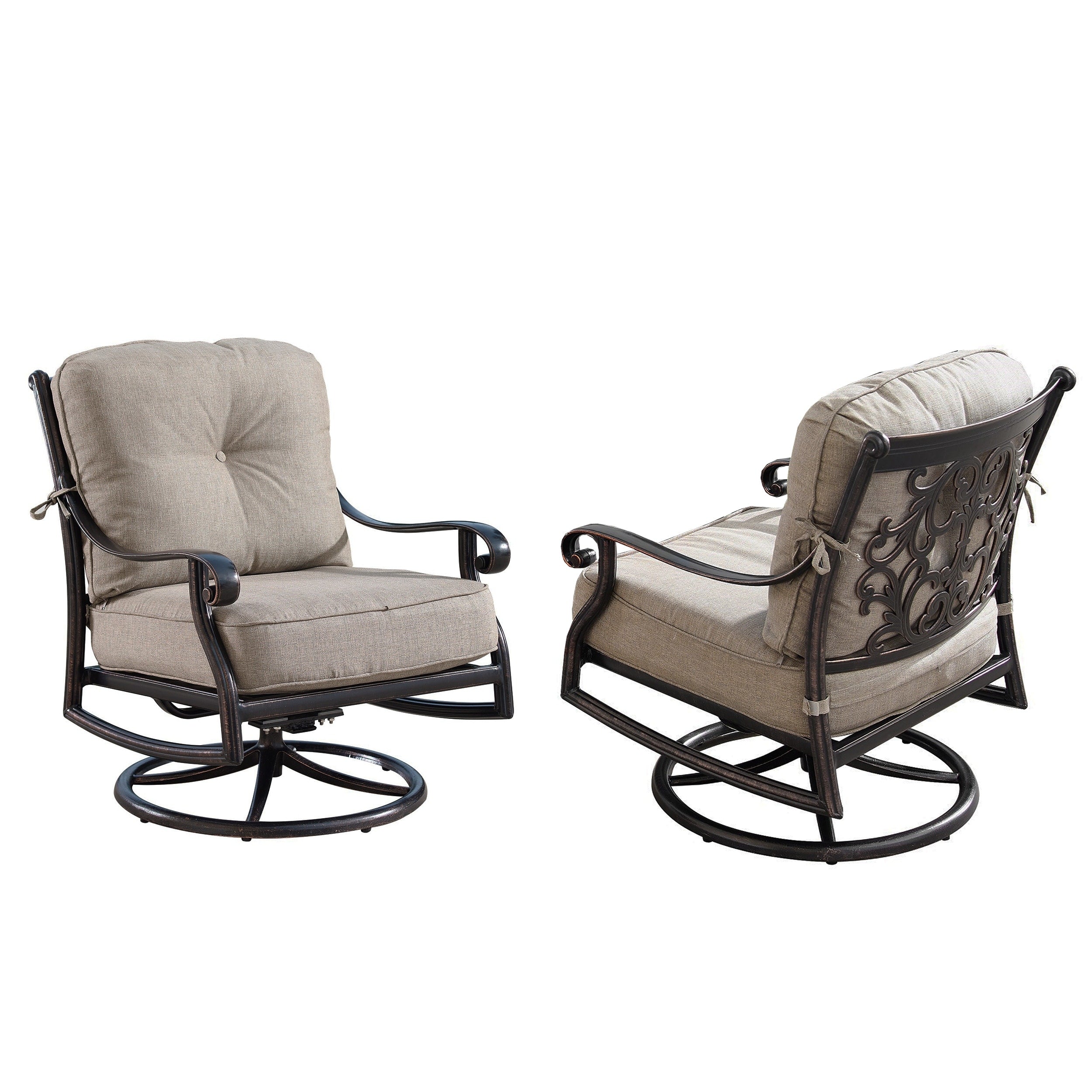 Aluminum Outdoor Deep Seating Swivel Rocking Club Chairs In Antique Copper Finish With Thick Tan Polyester Cushions Set Of 2