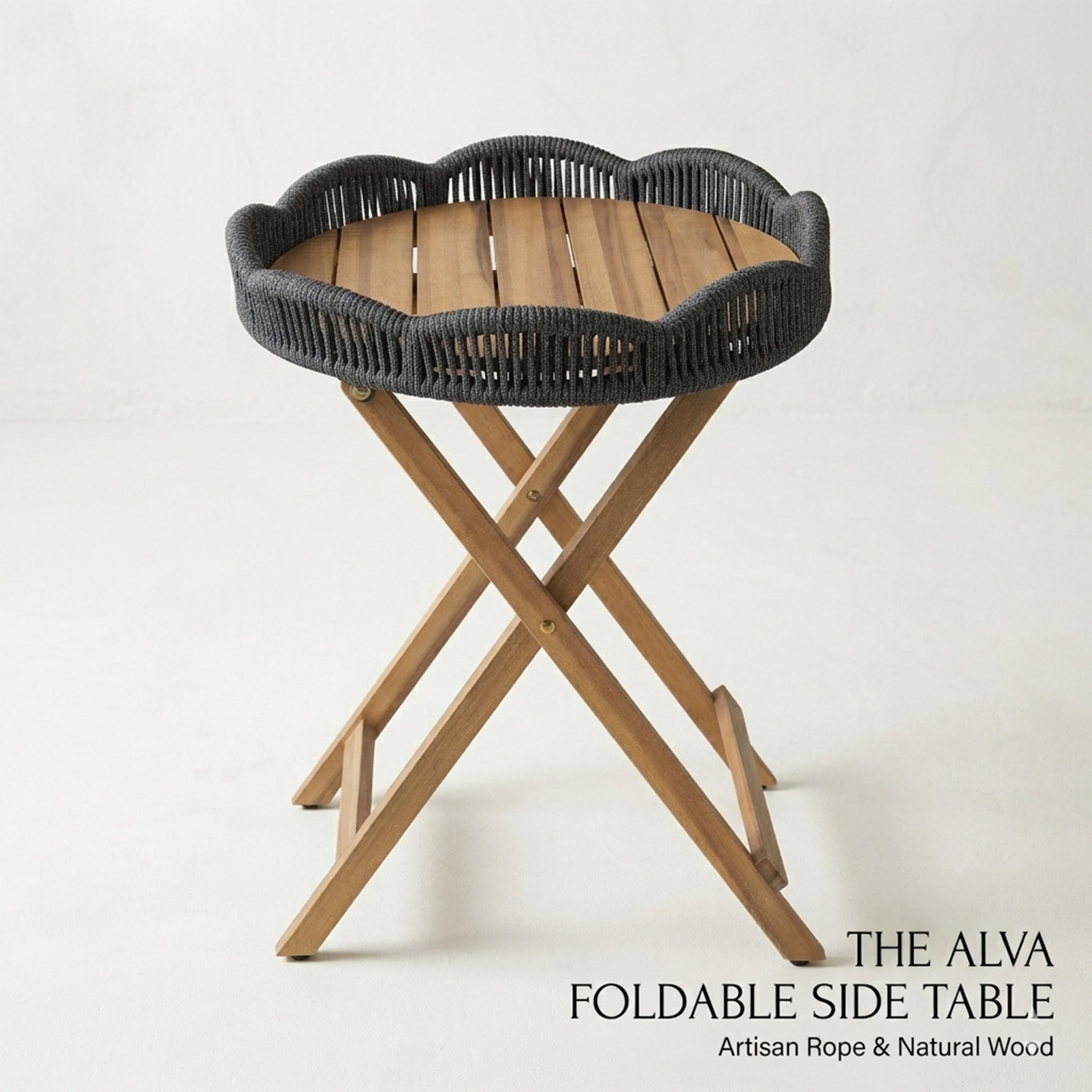 Alva Foldable Acacia Wood Side Table Scallop Rope Edge Flower Design
