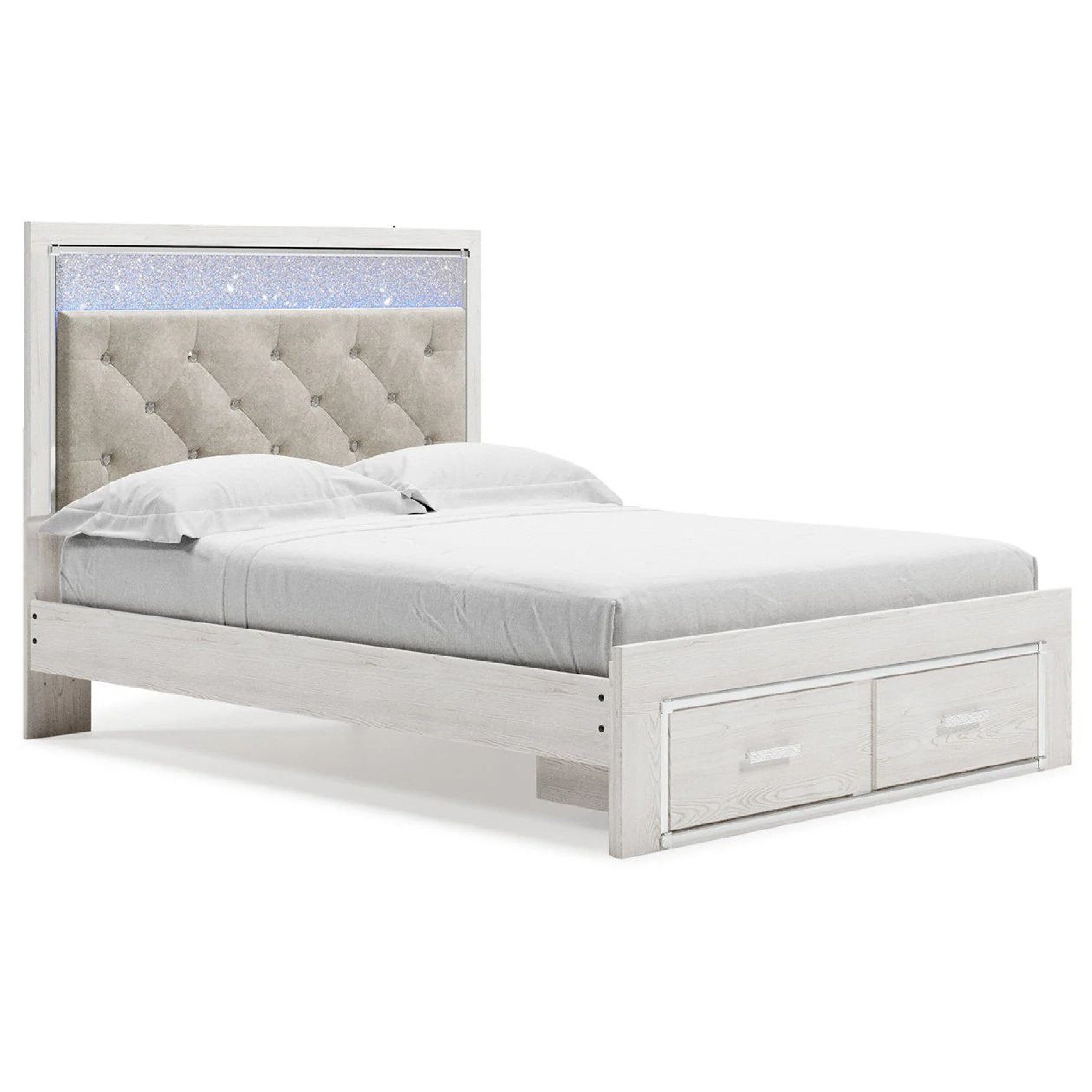 Aly Queen Size Storage Bed W Gray Button Tufted Led Headboard White