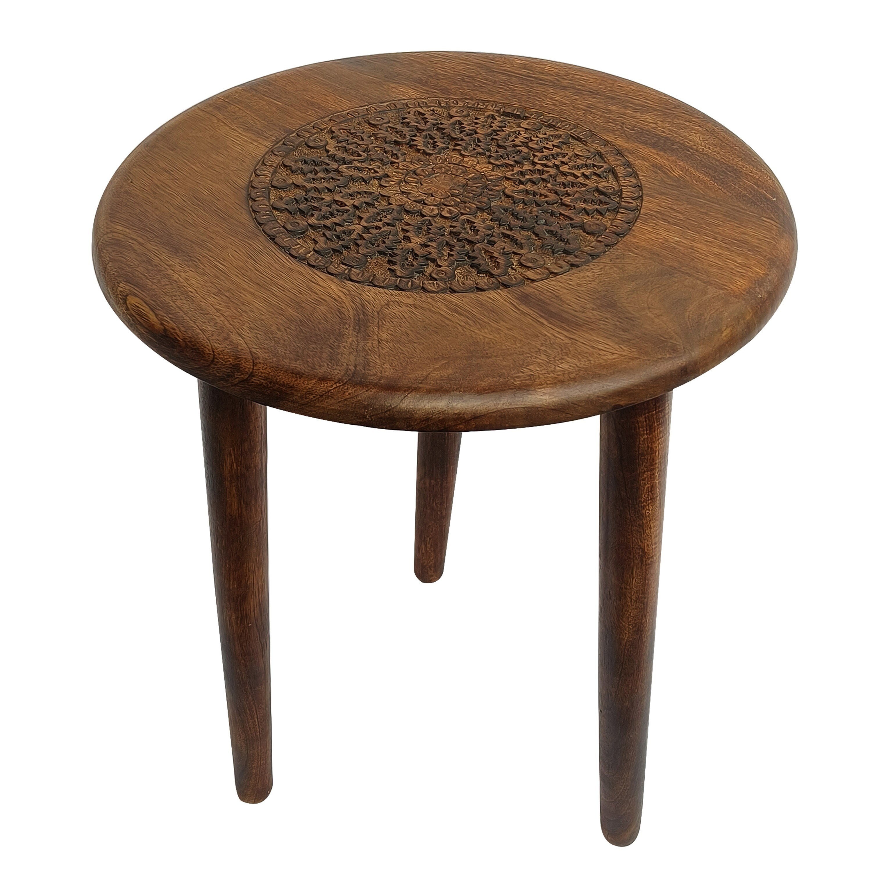 Ama 22 Inch Side End Table Round Top Indian Mandala Floral Carving 3 Legs Brown Mango Wood